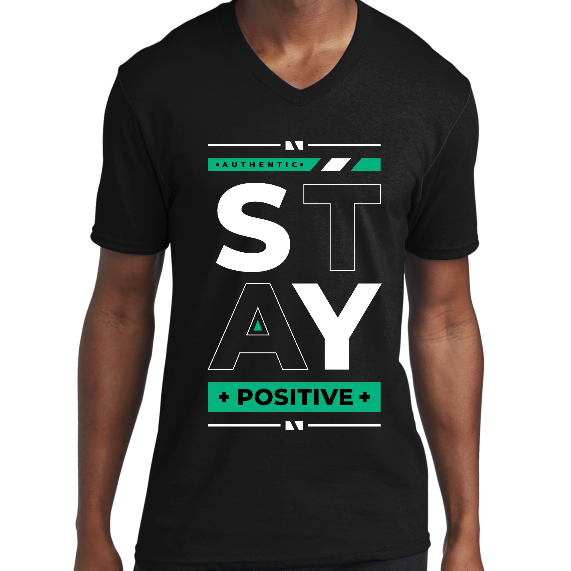 Men's Graphic V-neck T-shirt featuring 'Stay Positive' motivational print, made from soft preshrunk cotton for comfort and durability.