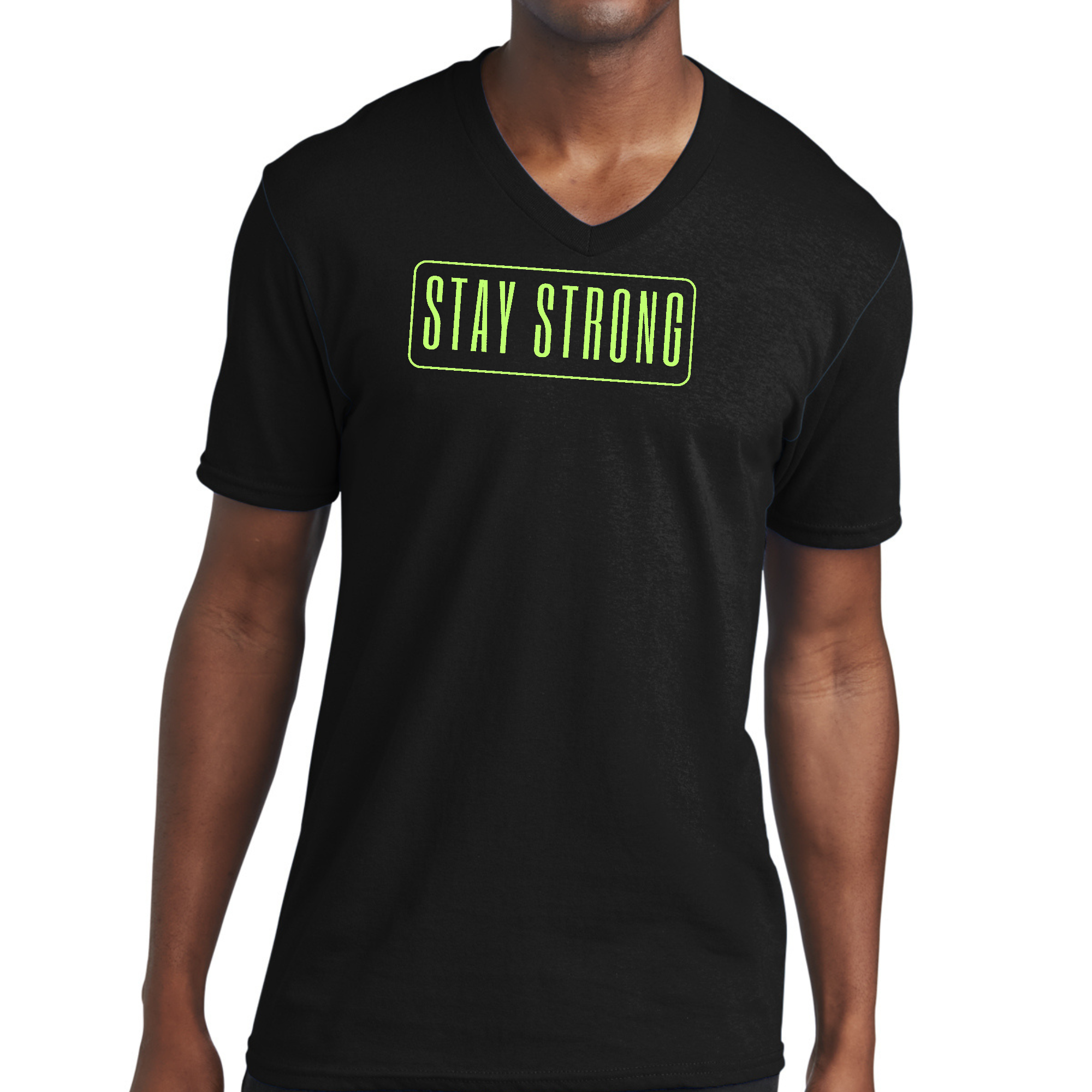 Men's Graphic V-neck T-shirt with Stay Strong neon print, showcasing vibrant colors and soft fabric.