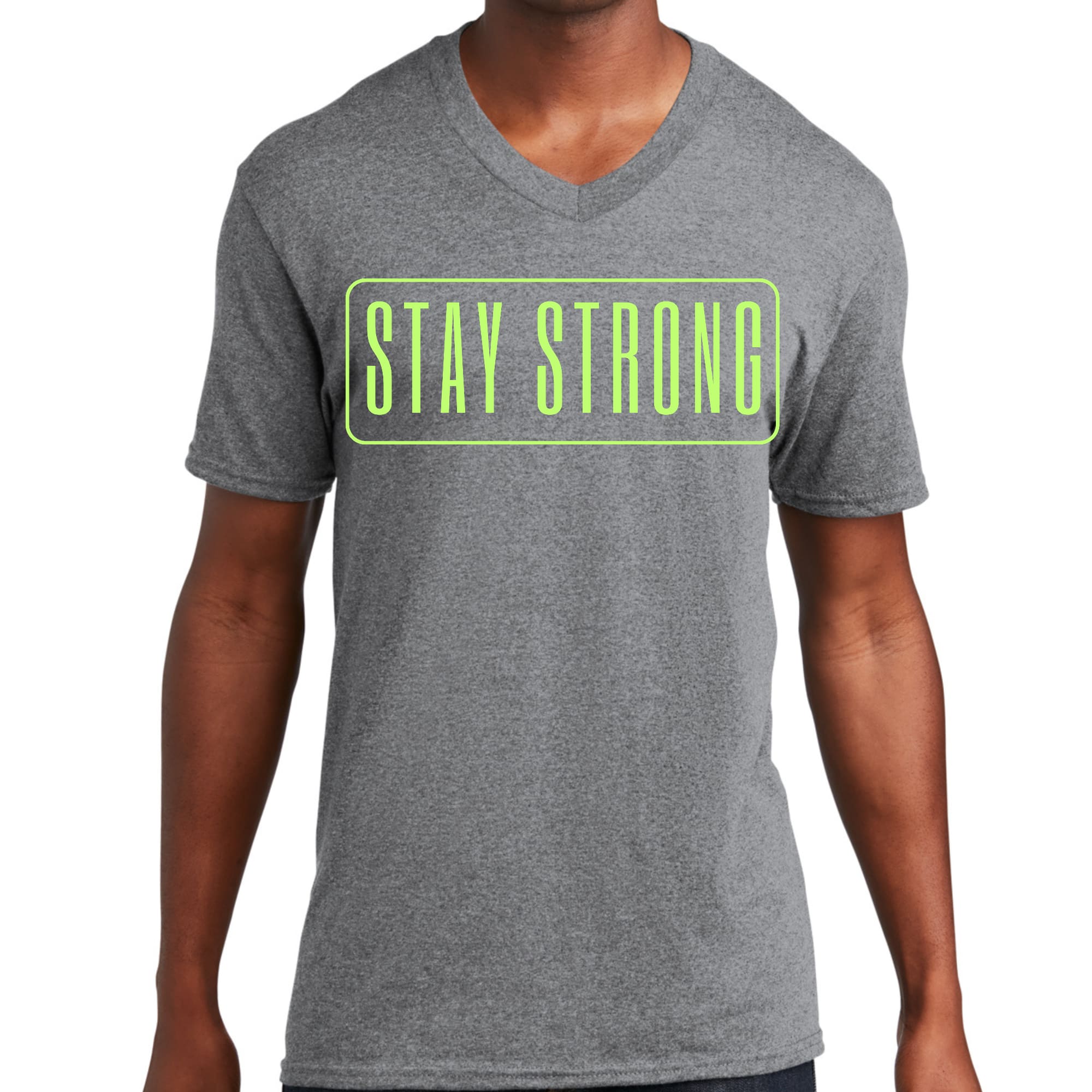 Men's Graphic V-neck T-shirt with Stay Strong neon print, showcasing vibrant colors and soft fabric.