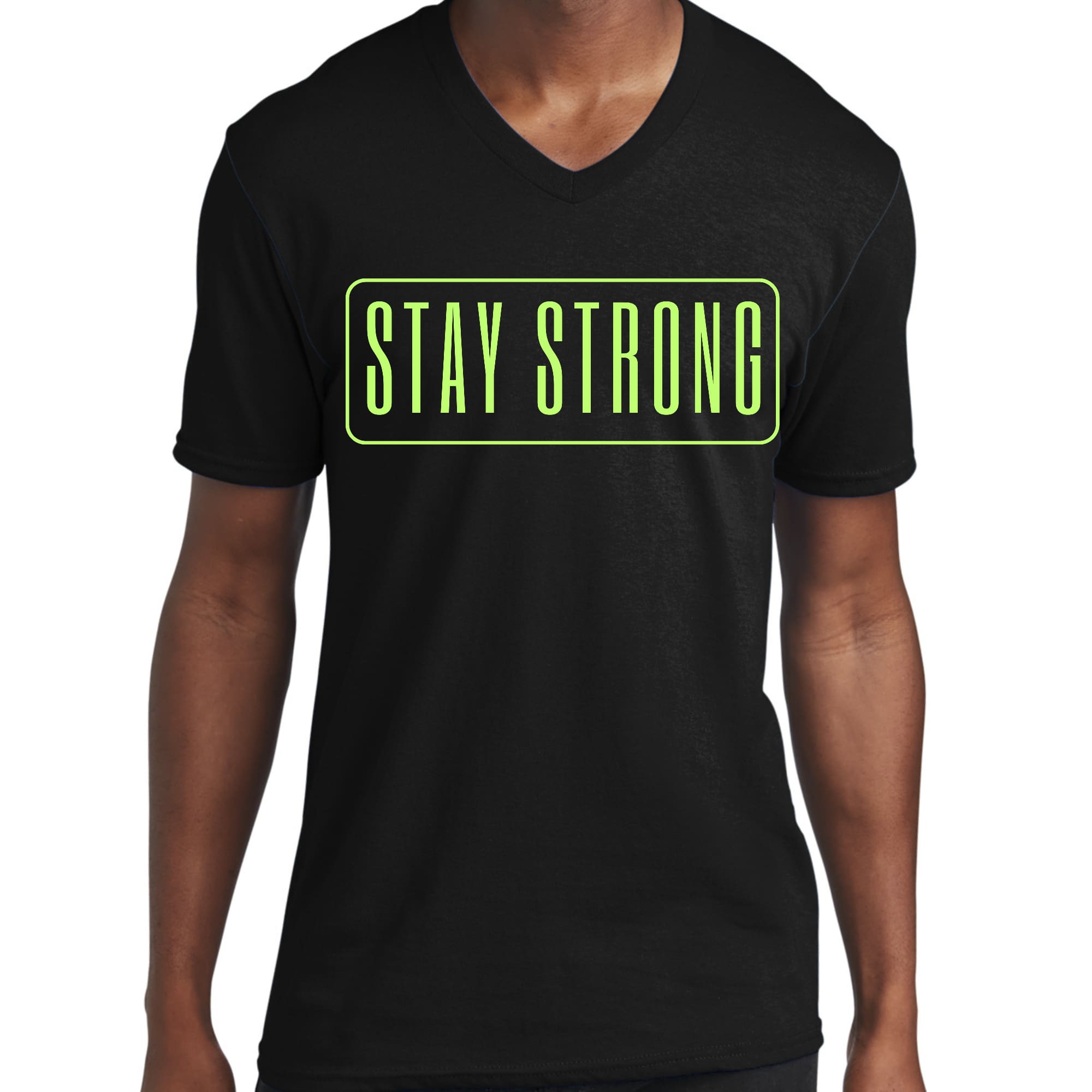 Men's Graphic V-neck T-shirt with Stay Strong neon print, showcasing vibrant colors and soft fabric.