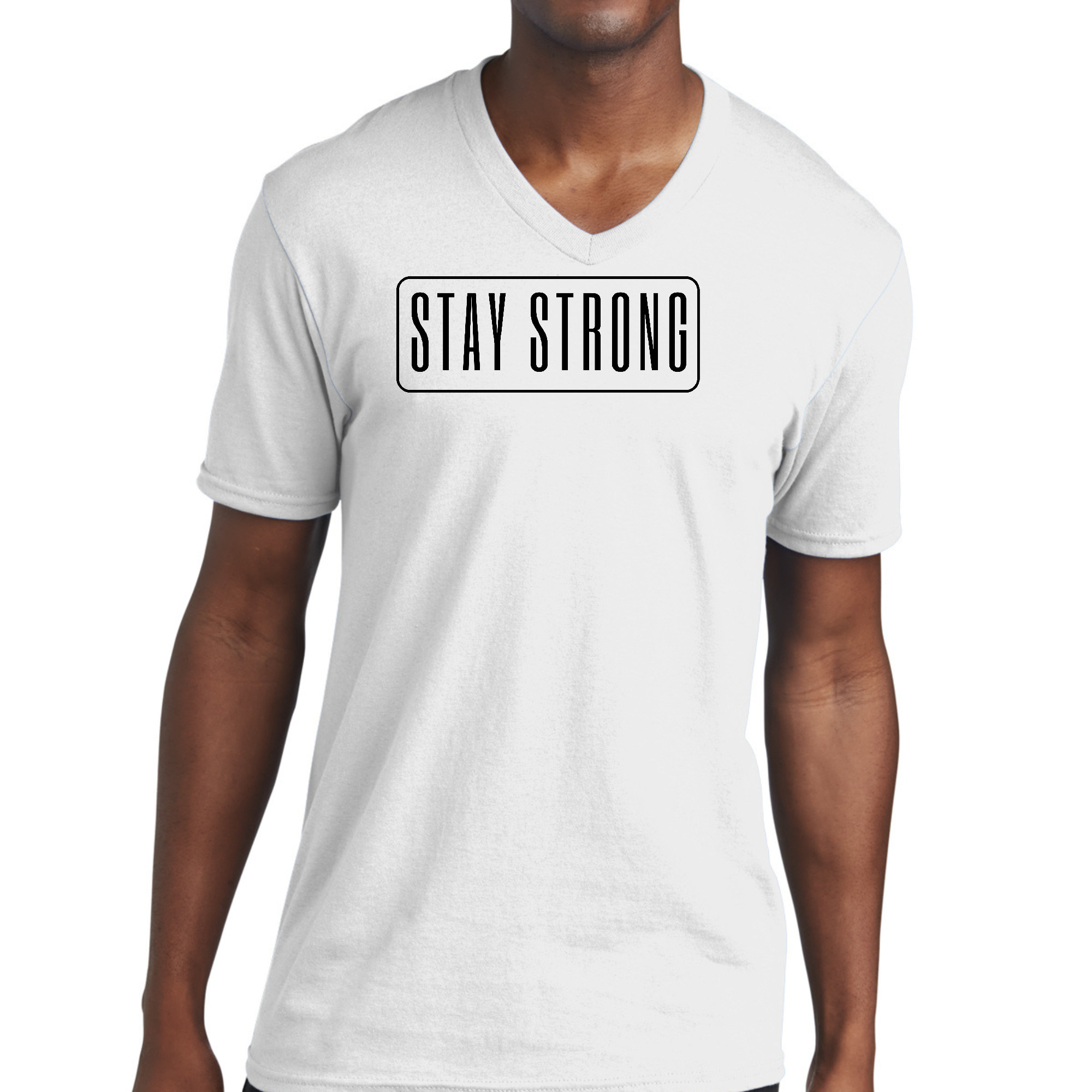 Men's black V-neck T-shirt featuring a motivational 'Stay Strong' graphic print, made from soft preshrunk cotton.