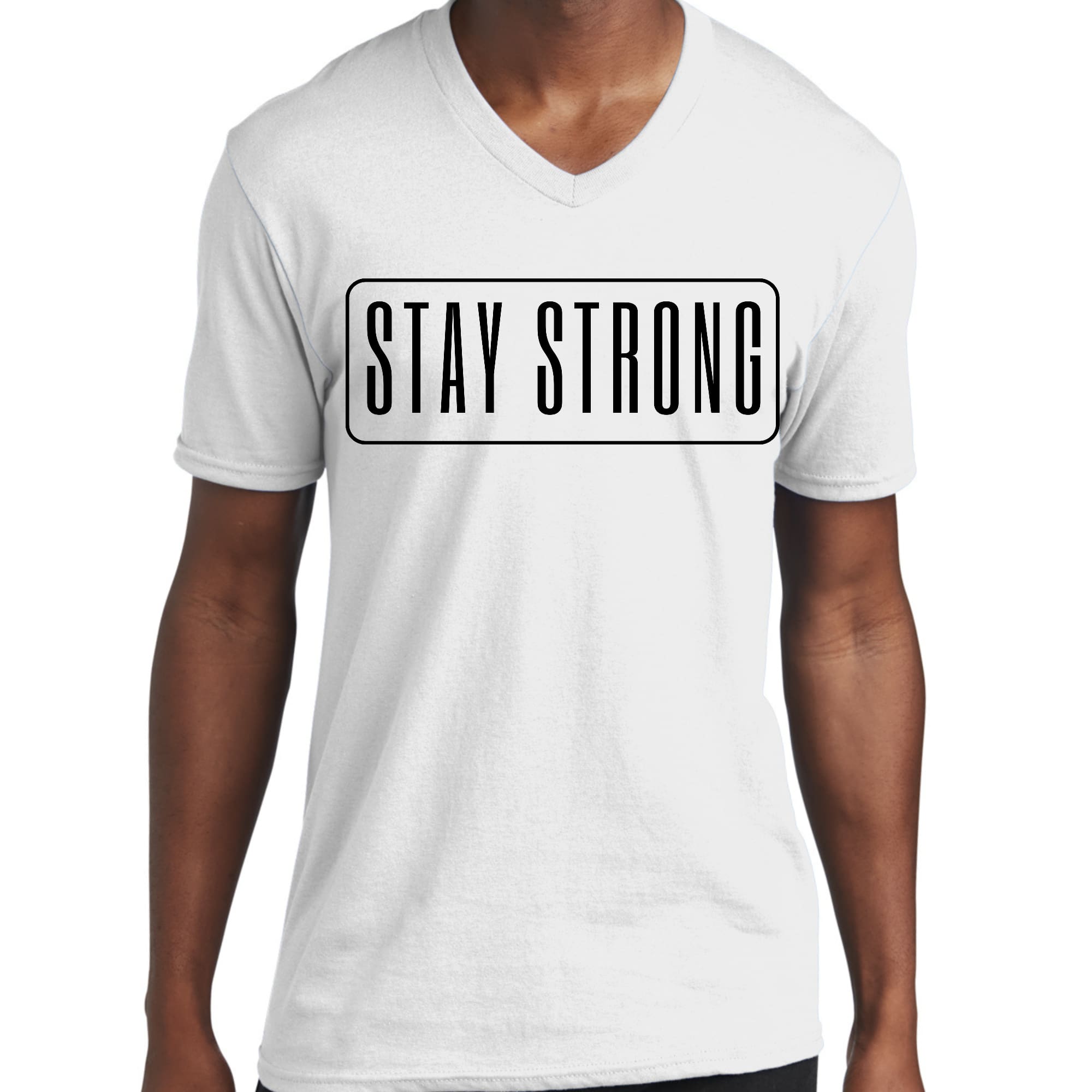 Men's black V-neck T-shirt featuring a motivational 'Stay Strong' graphic print, made from soft preshrunk cotton.