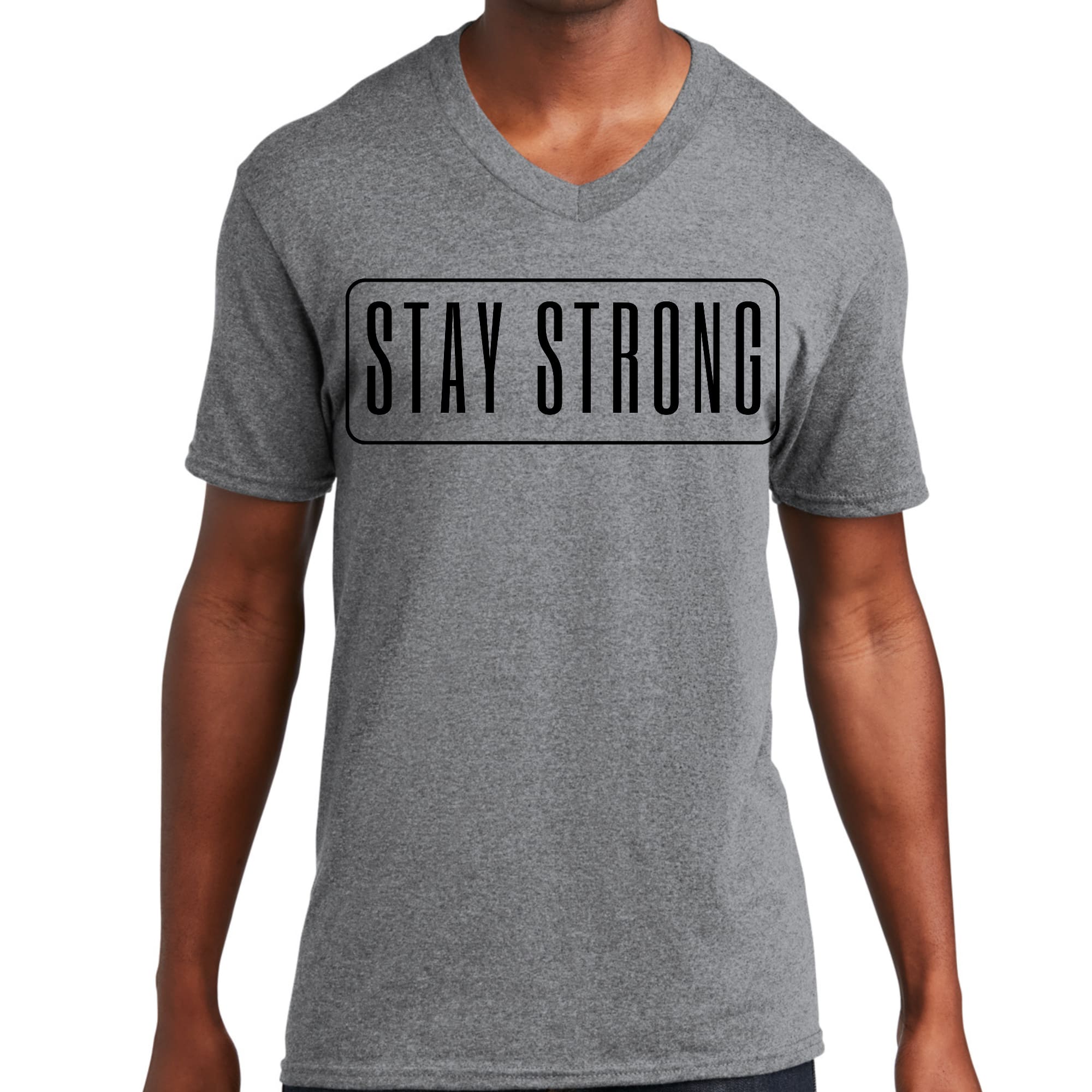 Men's black V-neck T-shirt featuring a motivational 'Stay Strong' graphic print, made from soft preshrunk cotton.