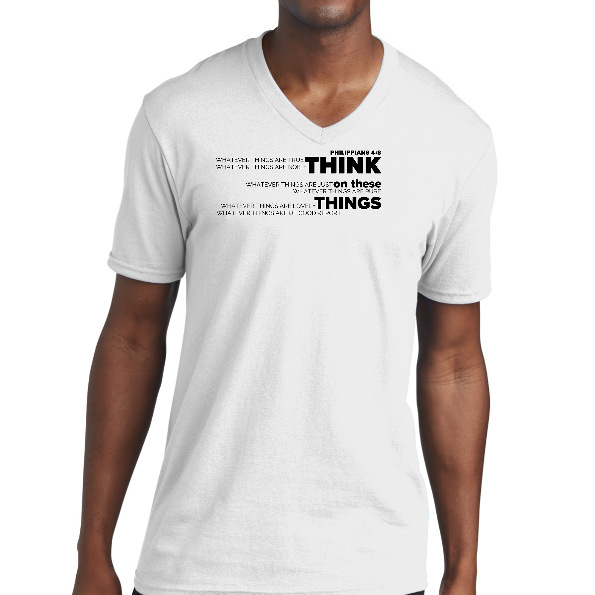 Men's black V-neck T-shirt featuring 'Think On These Things' scripture quote illustration, made from soft preshrunk cotton.