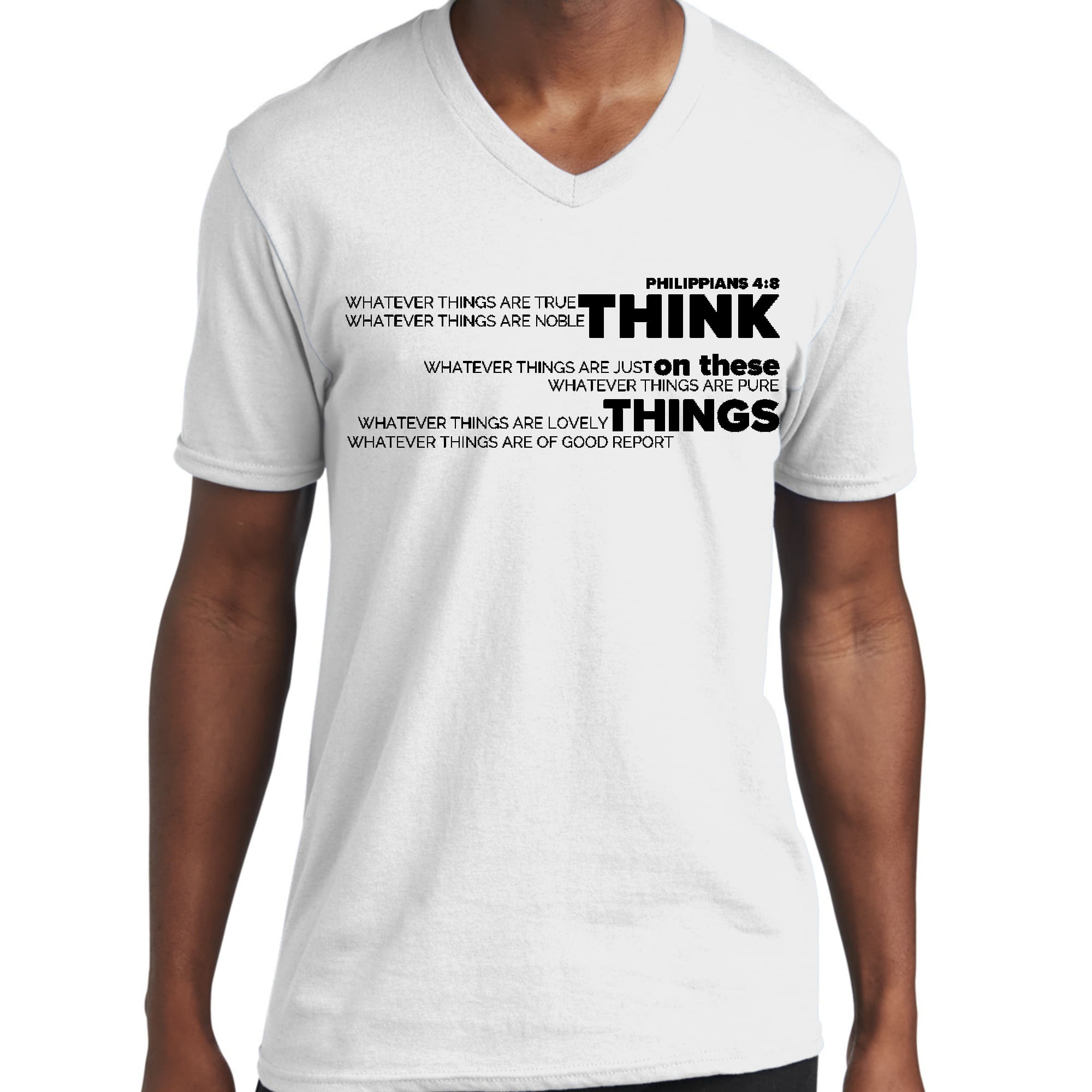 Men's black V-neck T-shirt featuring 'Think On These Things' scripture quote illustration, made from soft preshrunk cotton.