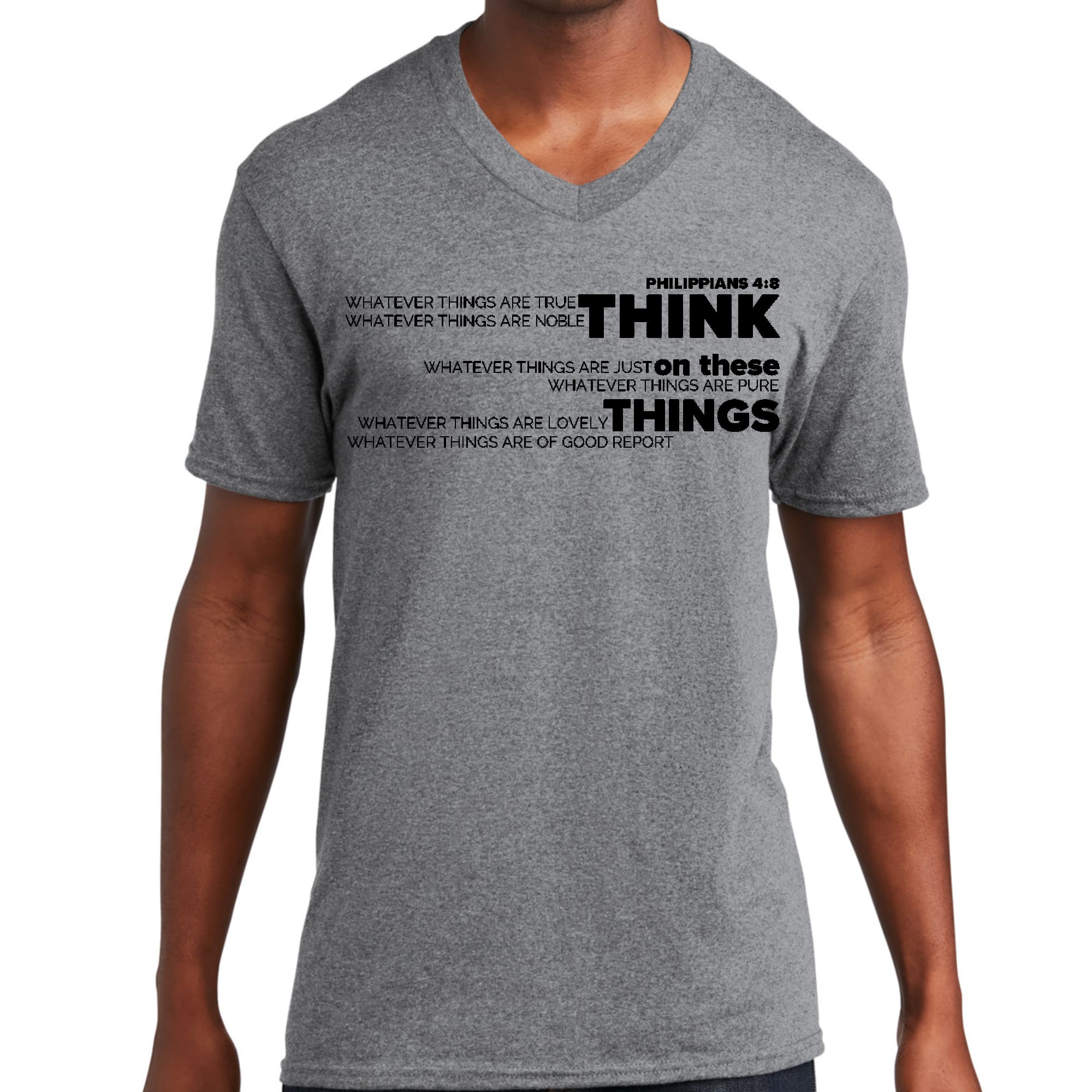 Men's black V-neck T-shirt featuring 'Think On These Things' scripture quote illustration, made from soft preshrunk cotton.