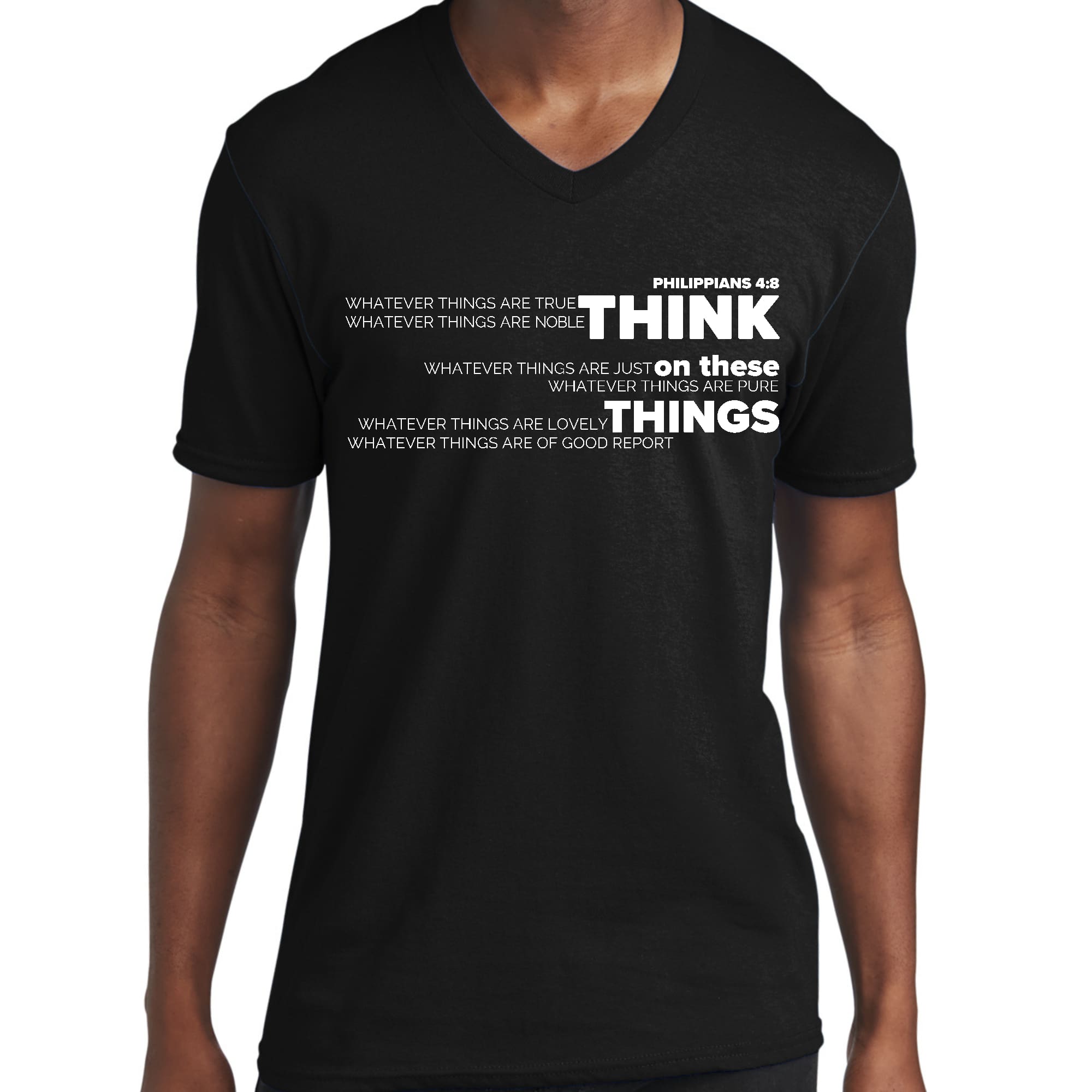 Men's Graphic V-neck T-shirt featuring 'Think On These Things' scripture quote, made from soft preshrunk cotton.