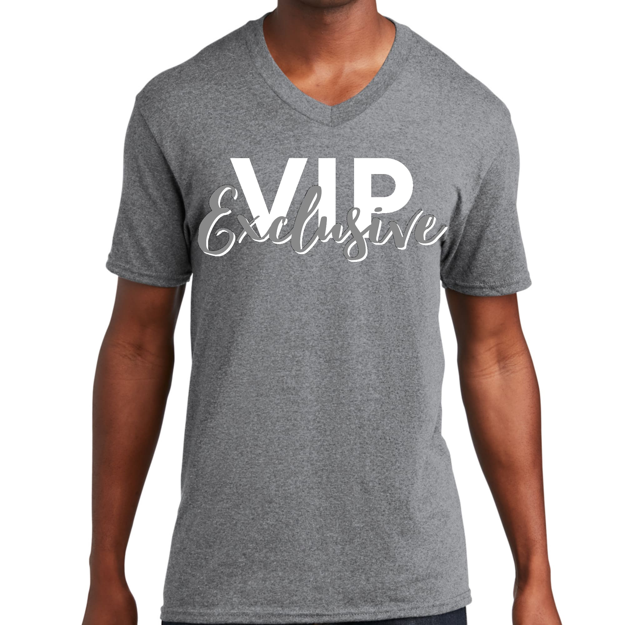 VIP Exclusive Grey and White Men's Graphic V-neck T-shirt showcasing its stylish design and soft fabric.