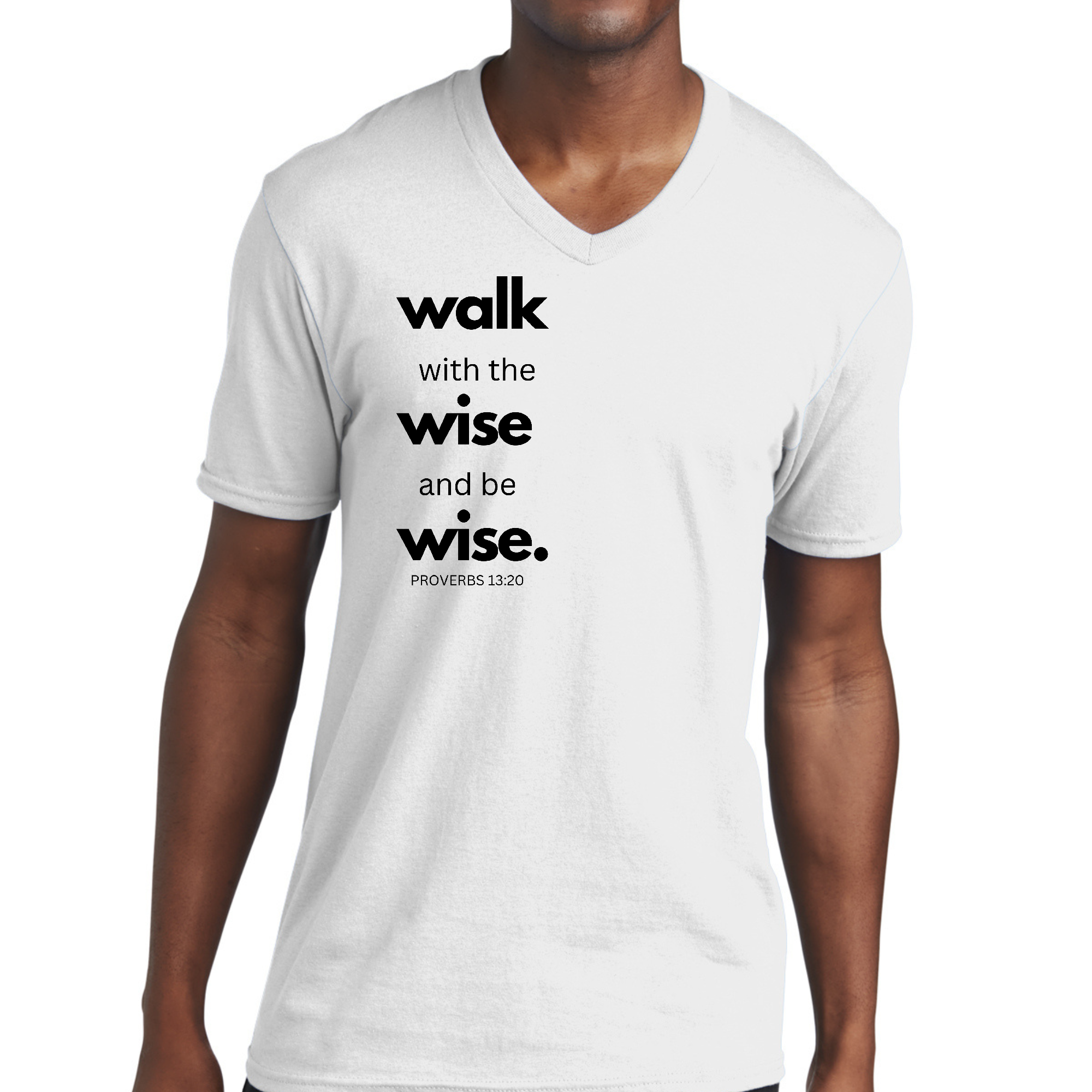 Men's black graphic V-neck T-shirt with 'Walk with the Wise and be Wise' printed design, showcasing soft cotton fabric and classic fit.