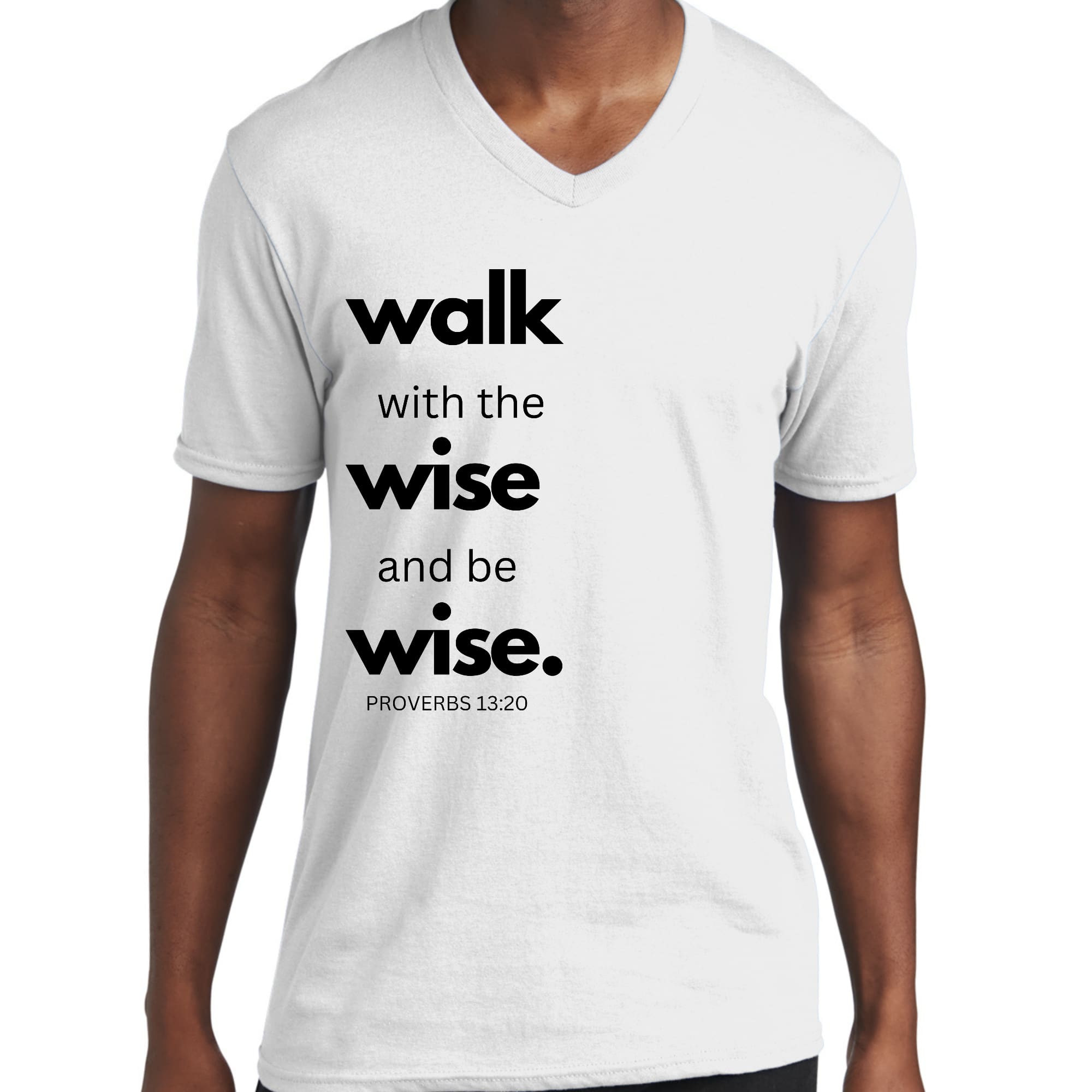 Men's black graphic V-neck T-shirt with 'Walk with the Wise and be Wise' printed design, showcasing soft cotton fabric and classic fit.