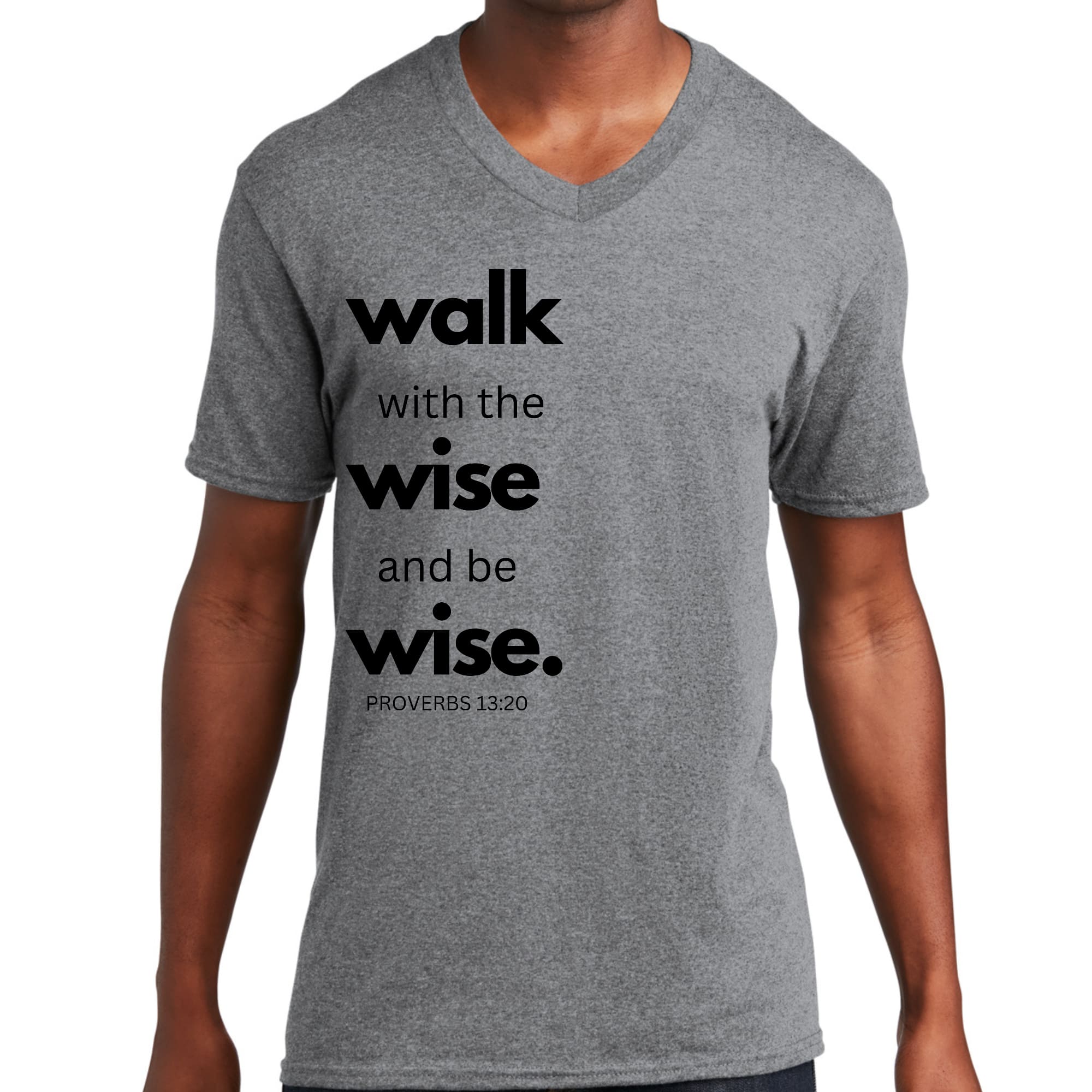 Men's black graphic V-neck T-shirt with 'Walk with the Wise and be Wise' printed design, showcasing soft cotton fabric and classic fit.