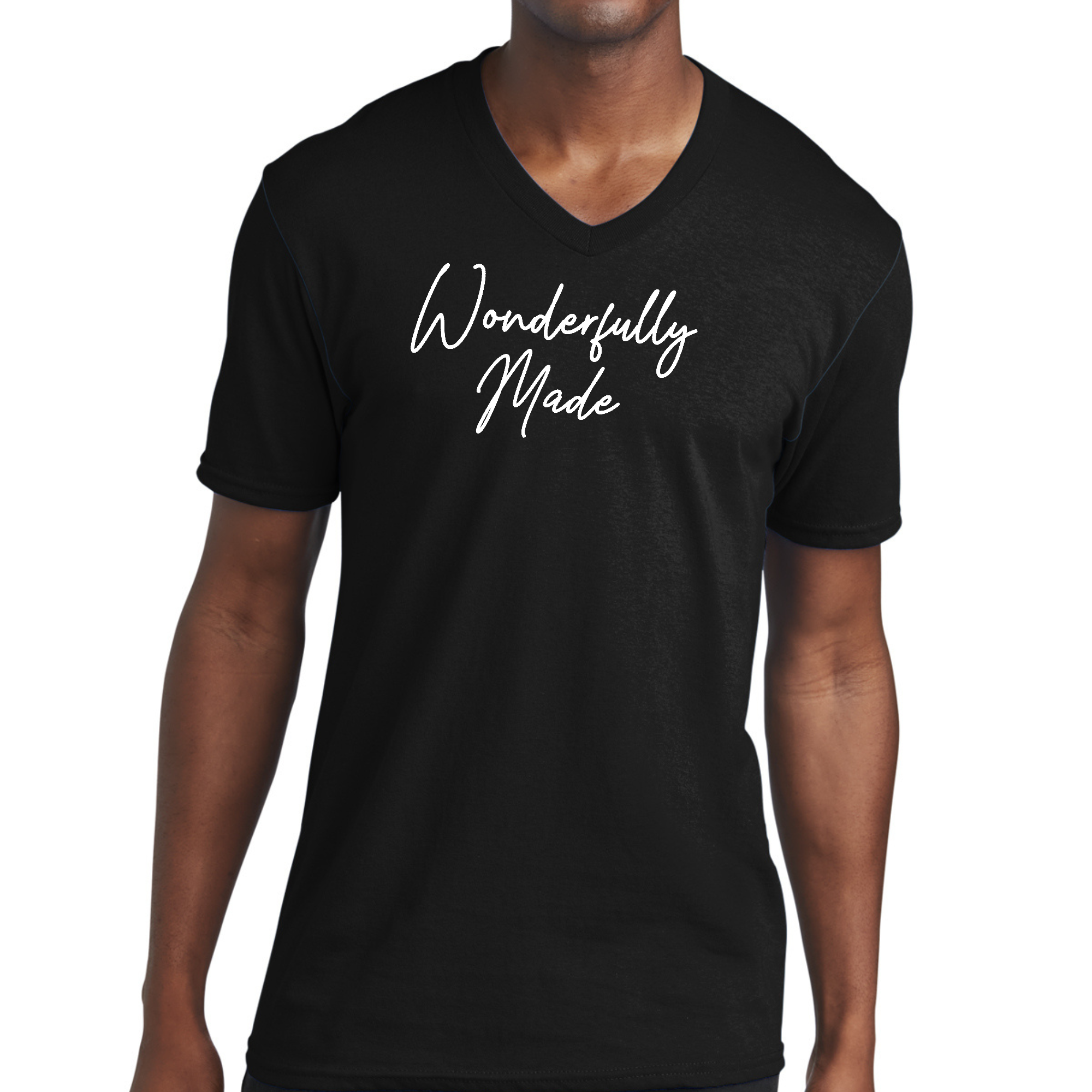 Mens Graphic V-neck T-shirt in soft preshrunk cotton featuring the phrase 'Wonderfully Made' printed on the front.