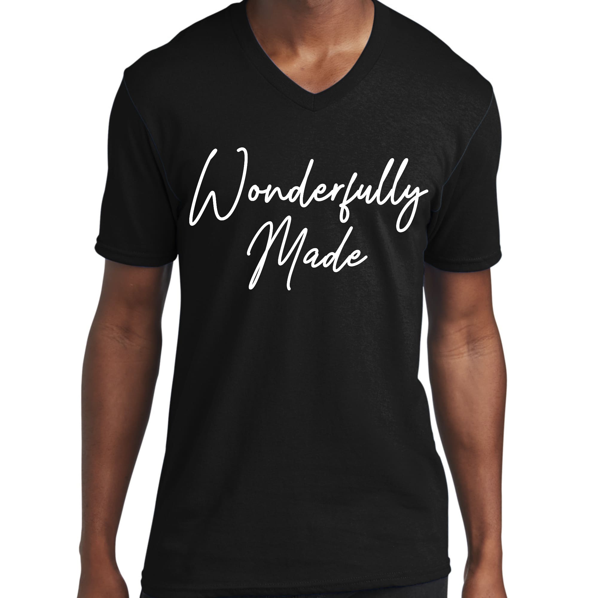 Mens Graphic V-neck T-shirt in soft preshrunk cotton featuring the phrase 'Wonderfully Made' printed on the front.