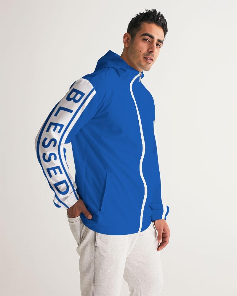 Men's Hooded Windbreaker in Blue with Blessed Sleeve Stripe, showcasing a stylish and functional design for windy and rainy weather.