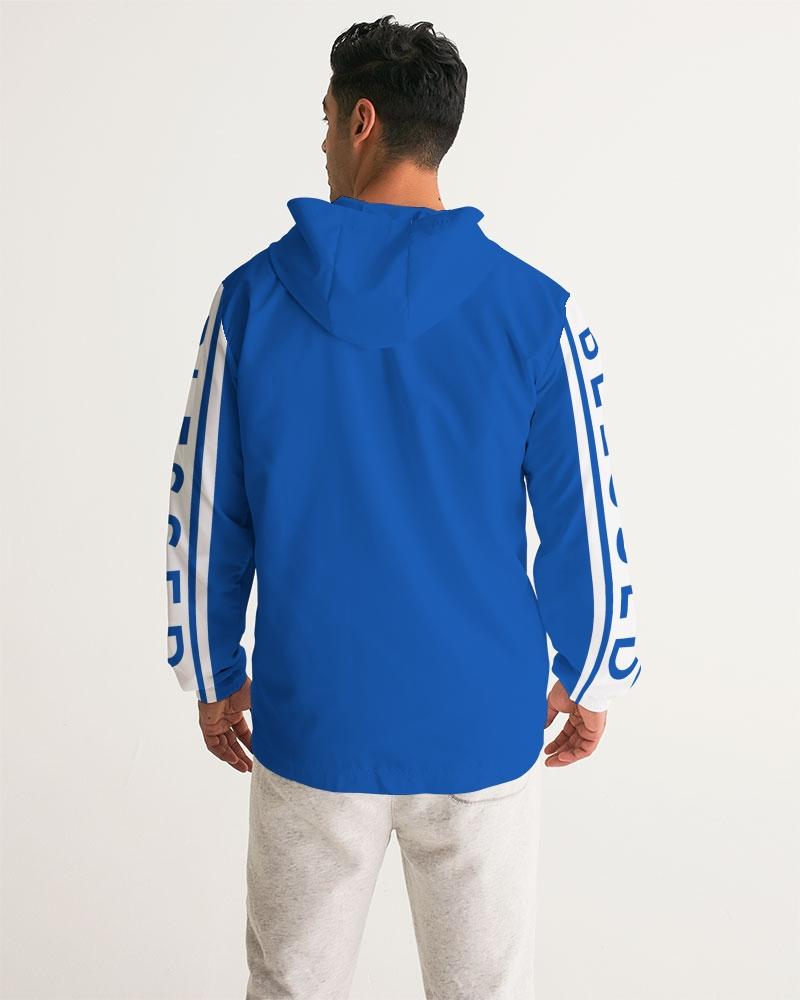 Men's Hooded Windbreaker in Blue with Blessed Sleeve Stripe, showcasing a stylish and functional design for windy and rainy weather.