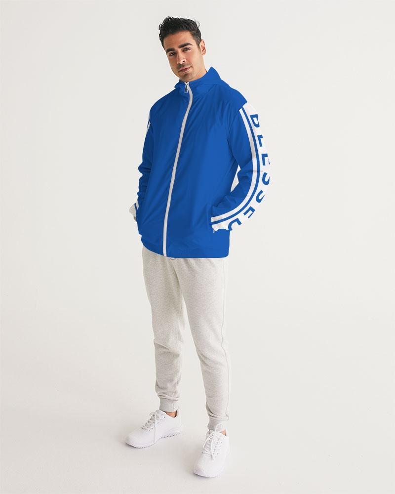 Men's Hooded Windbreaker in Blue with Blessed Sleeve Stripe, showcasing a stylish and functional design for windy and rainy weather.