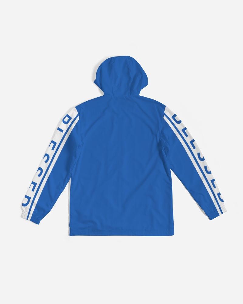 Men's Hooded Windbreaker in Blue with Blessed Sleeve Stripe, showcasing a stylish and functional design for windy and rainy weather.