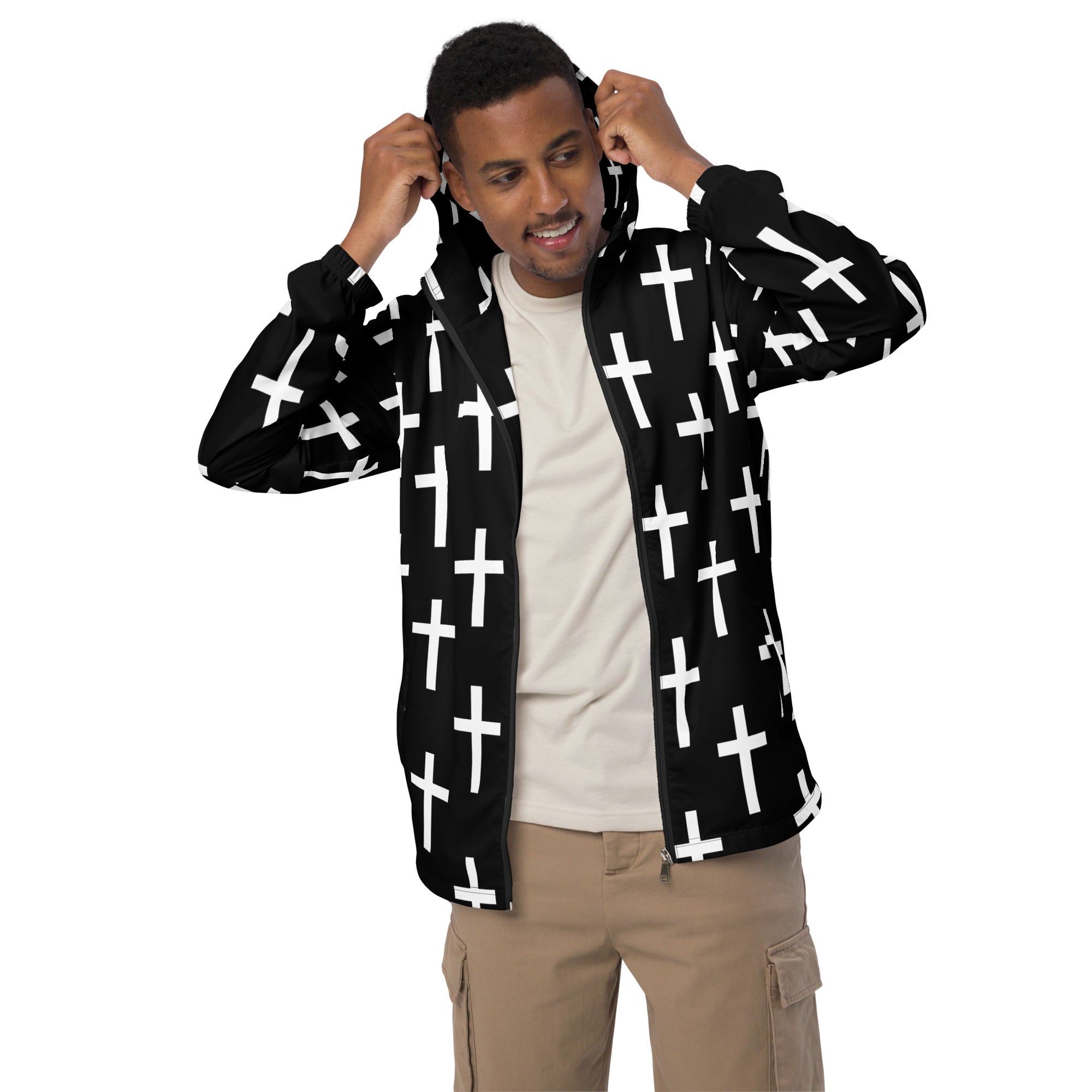 Men's Hooded Windbreaker Jacket featuring a black and white cross print, showcasing its lightweight and stylish design.