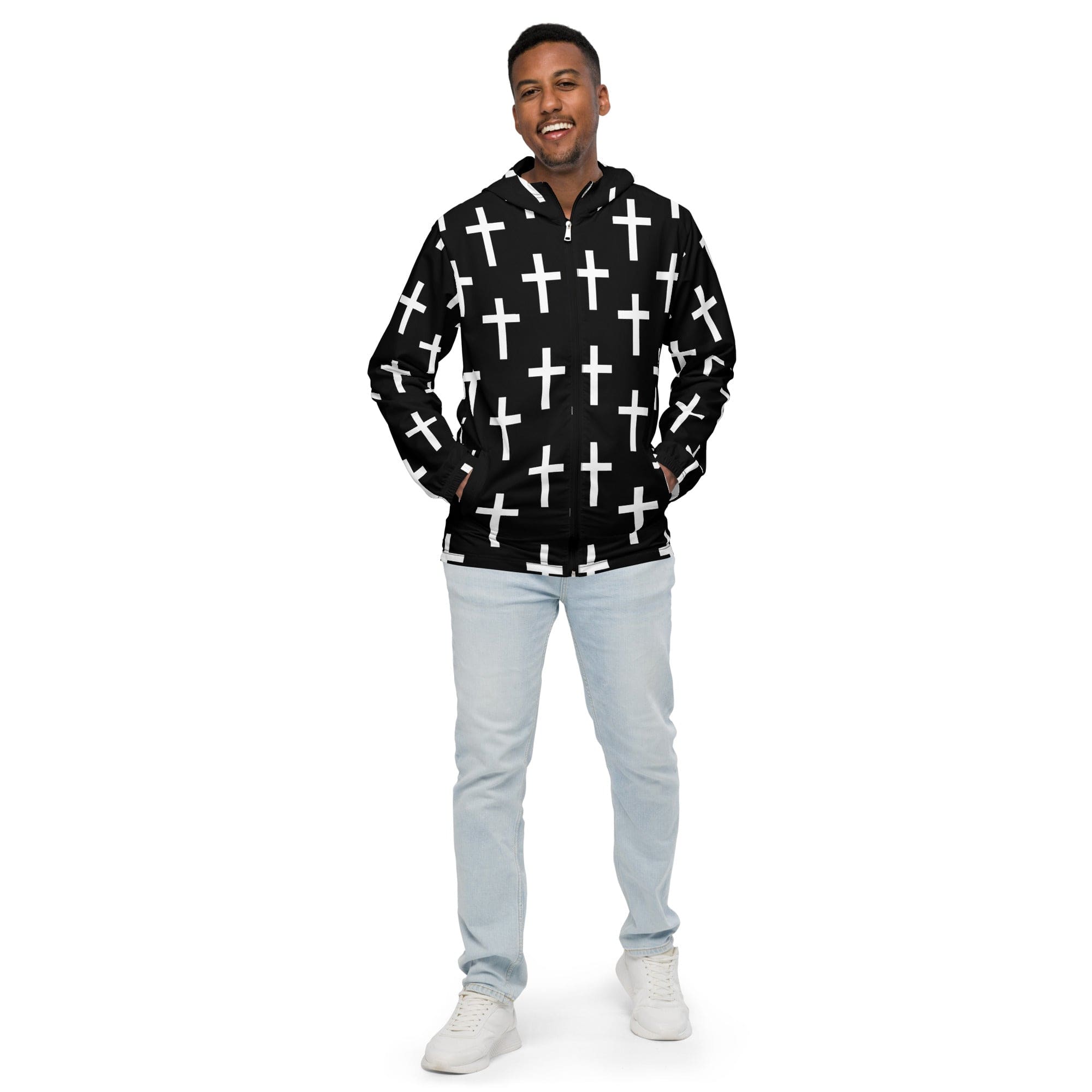 Men's Hooded Windbreaker Jacket featuring a black and white cross print, showcasing its lightweight and stylish design.