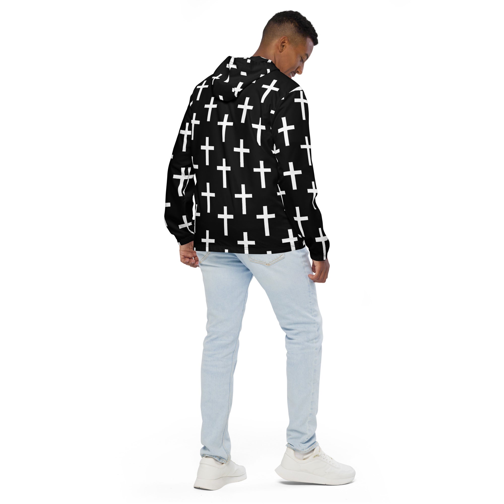 Men's Hooded Windbreaker Jacket featuring a black and white cross print, showcasing its lightweight and stylish design.