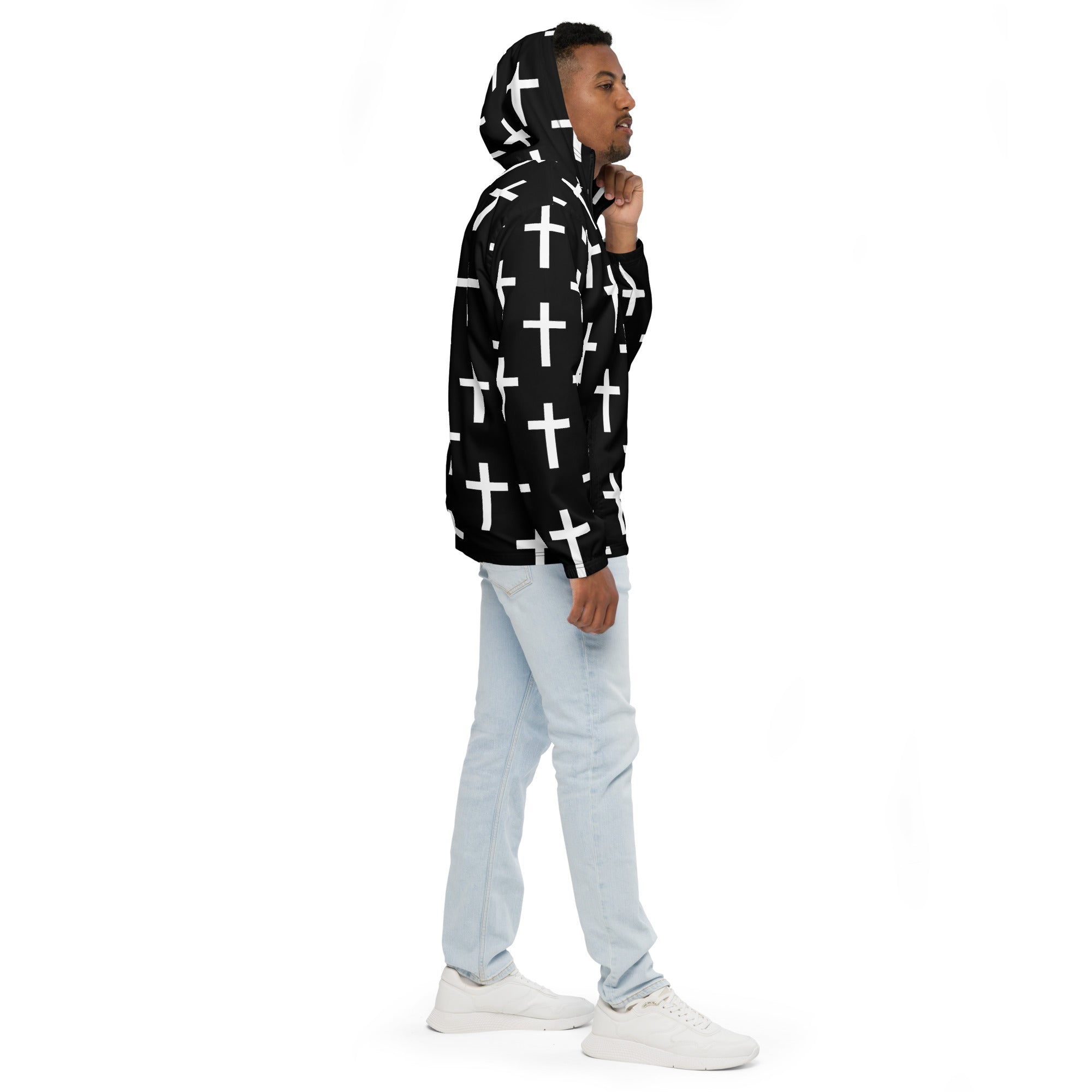 Men's Hooded Windbreaker Jacket featuring a black and white cross print, showcasing its lightweight and stylish design.