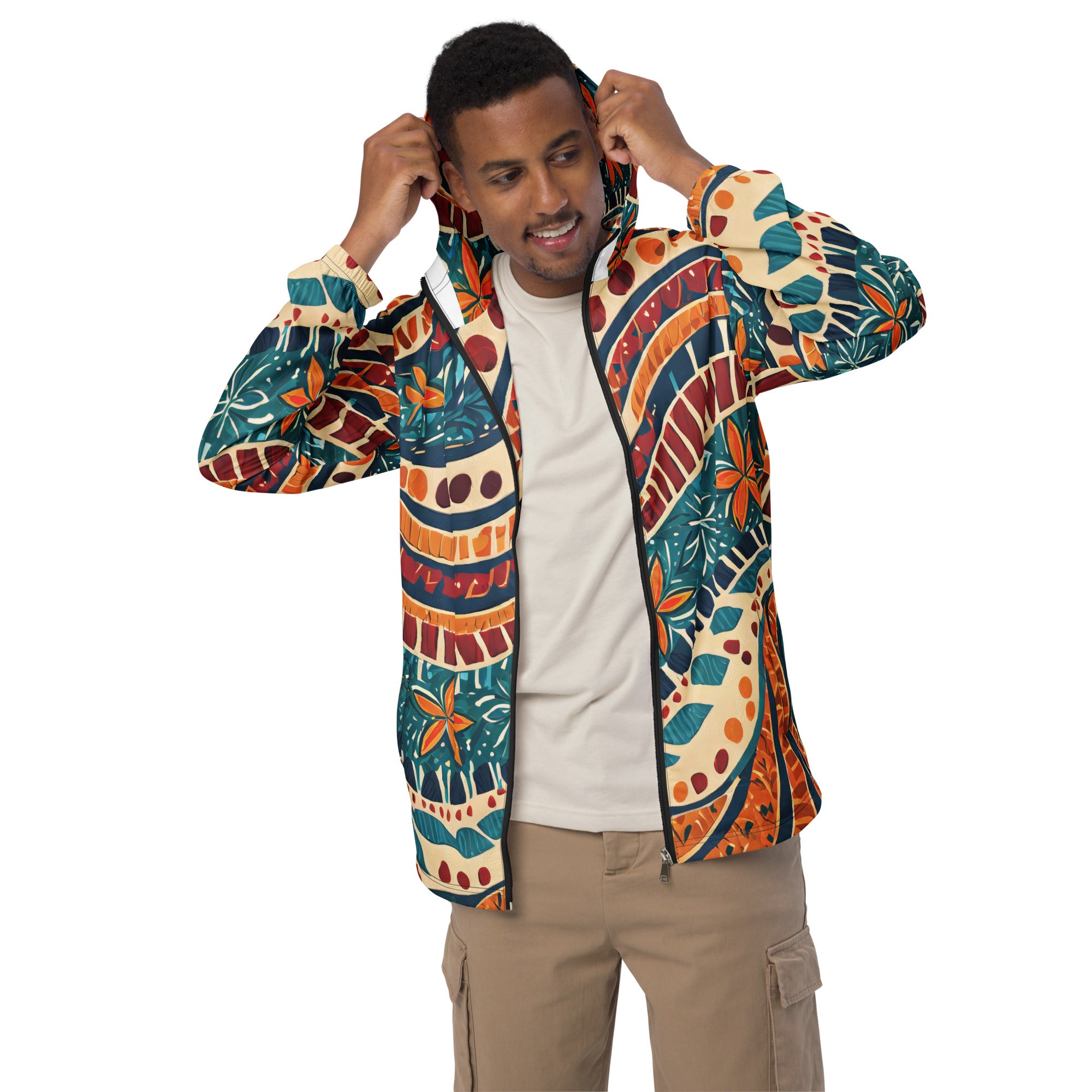 Men's Hooded Windbreaker Jacket featuring a vibrant Boho Floral Tropical Print, showcasing its lightweight and stylish design.