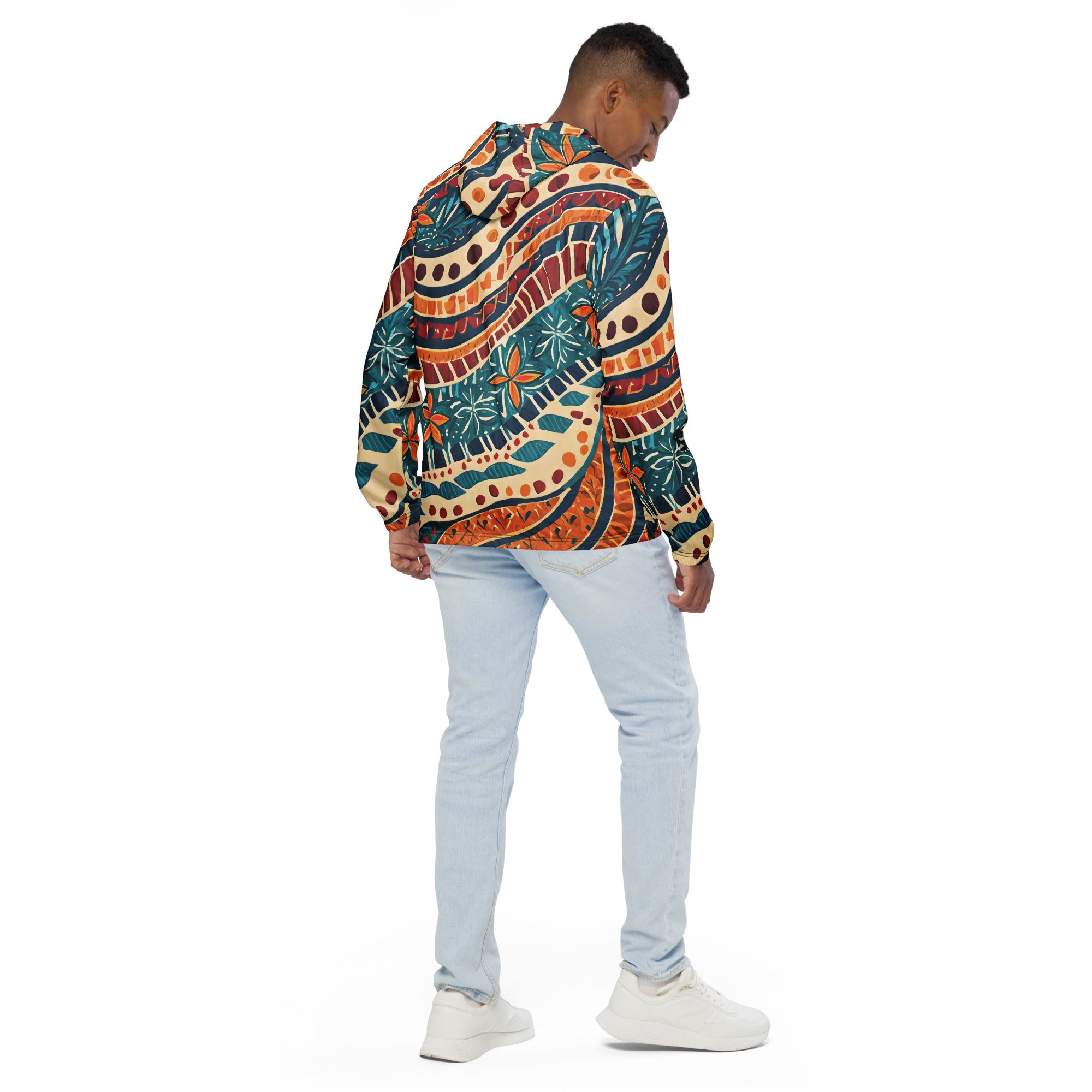 Men's Hooded Windbreaker Jacket featuring a vibrant Boho Floral Tropical Print, showcasing its lightweight and stylish design.