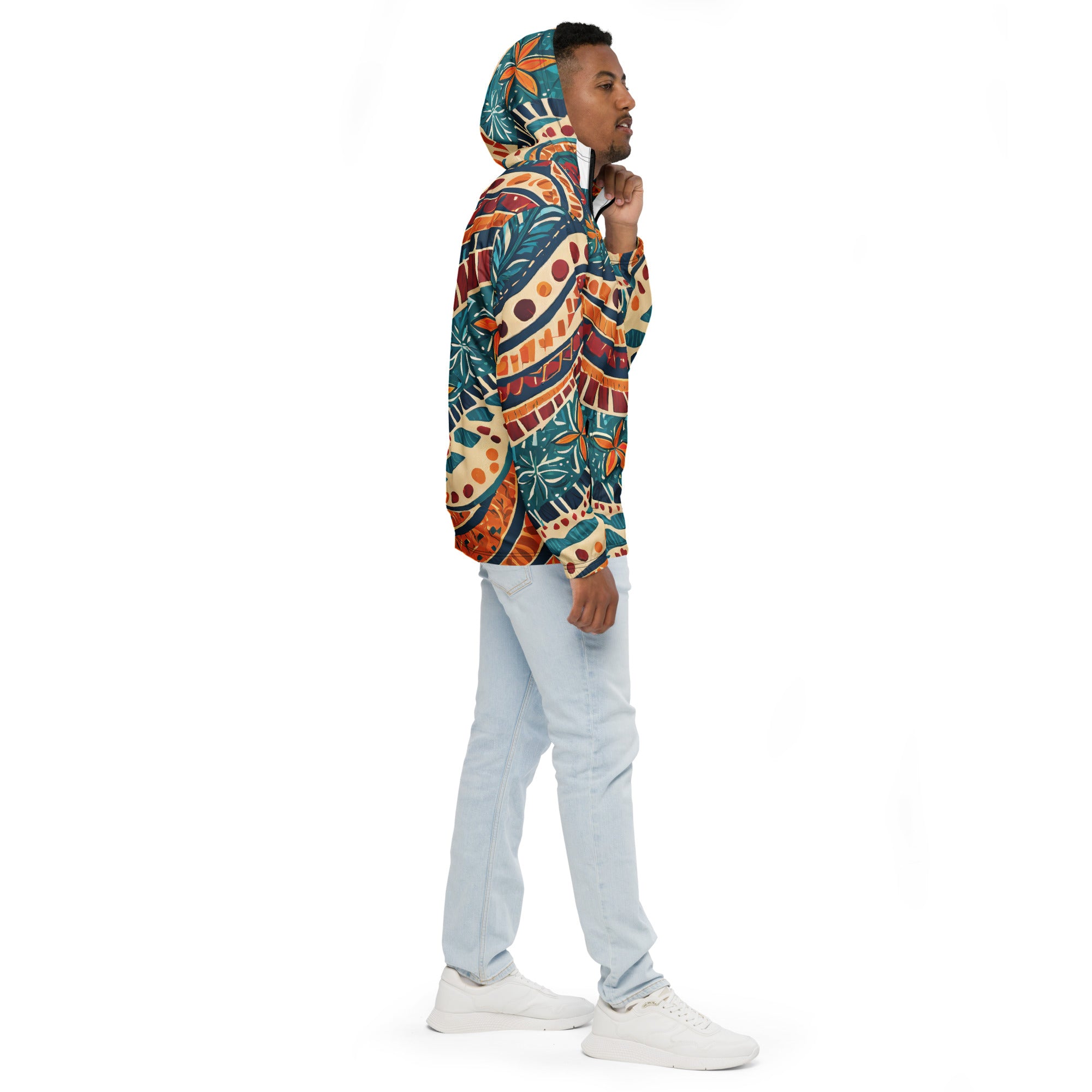 Men's Hooded Windbreaker Jacket featuring a vibrant Boho Floral Tropical Print, showcasing its lightweight and stylish design.