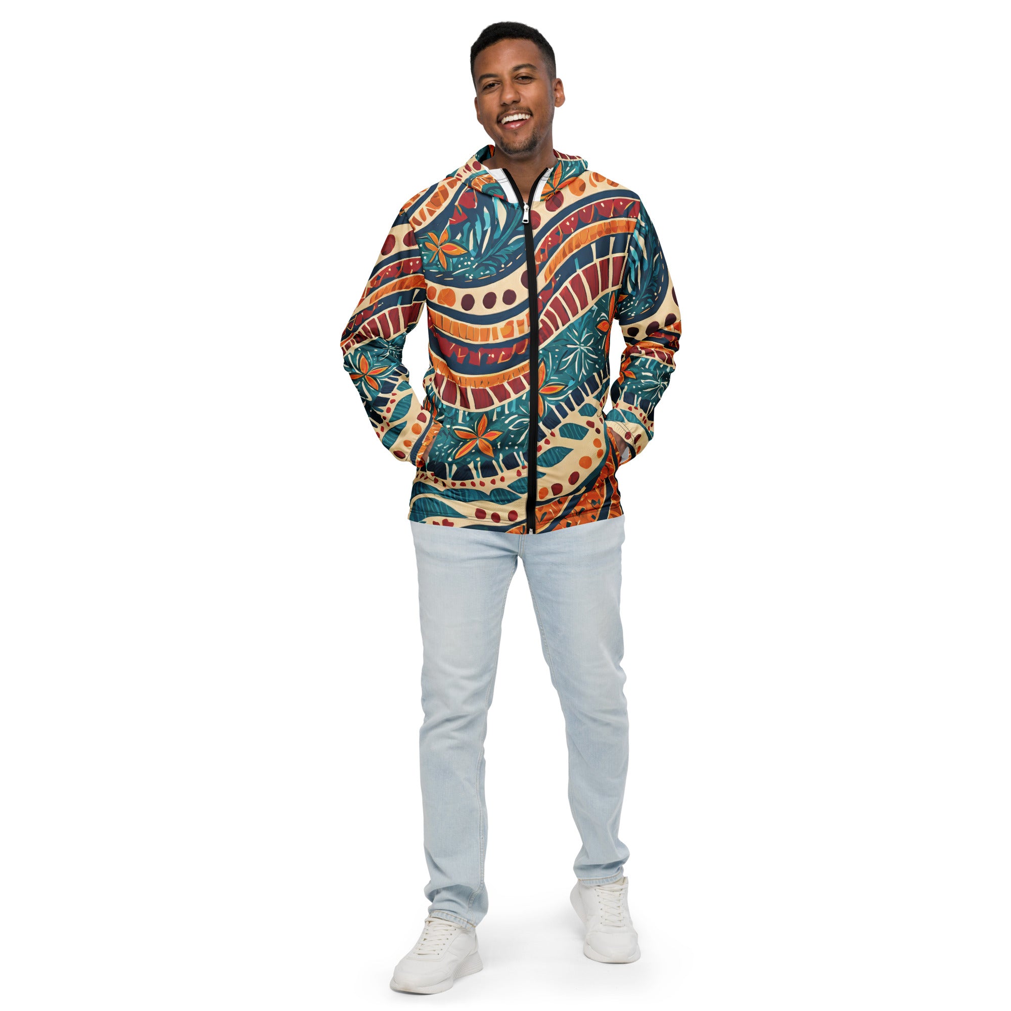 Men's Hooded Windbreaker Jacket featuring a vibrant Boho Floral Tropical Print, showcasing its lightweight and stylish design.