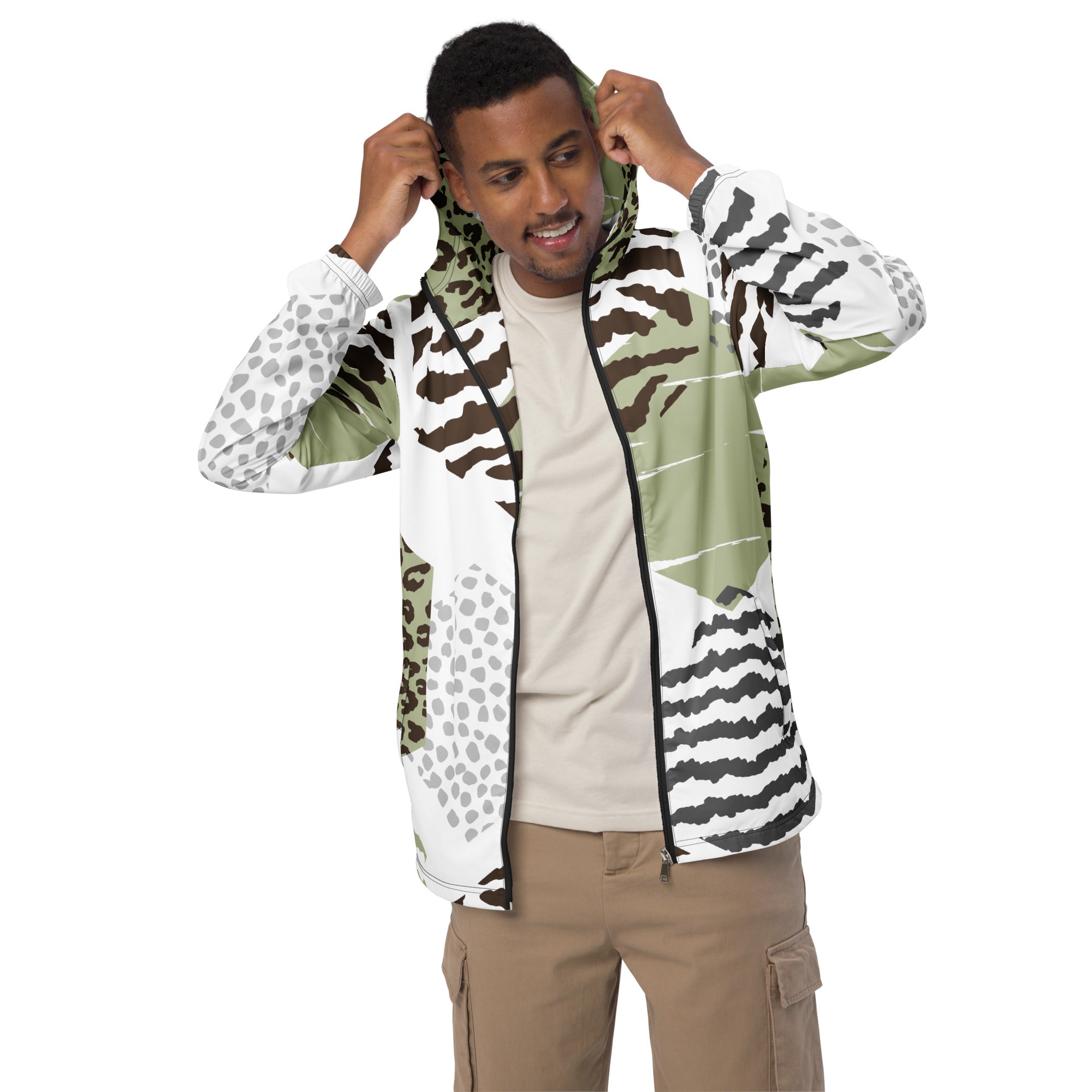 Men's Hooded Windbreaker Jacket featuring a geometric hexagon pattern in brown, green, and grey, designed for comfort and style.