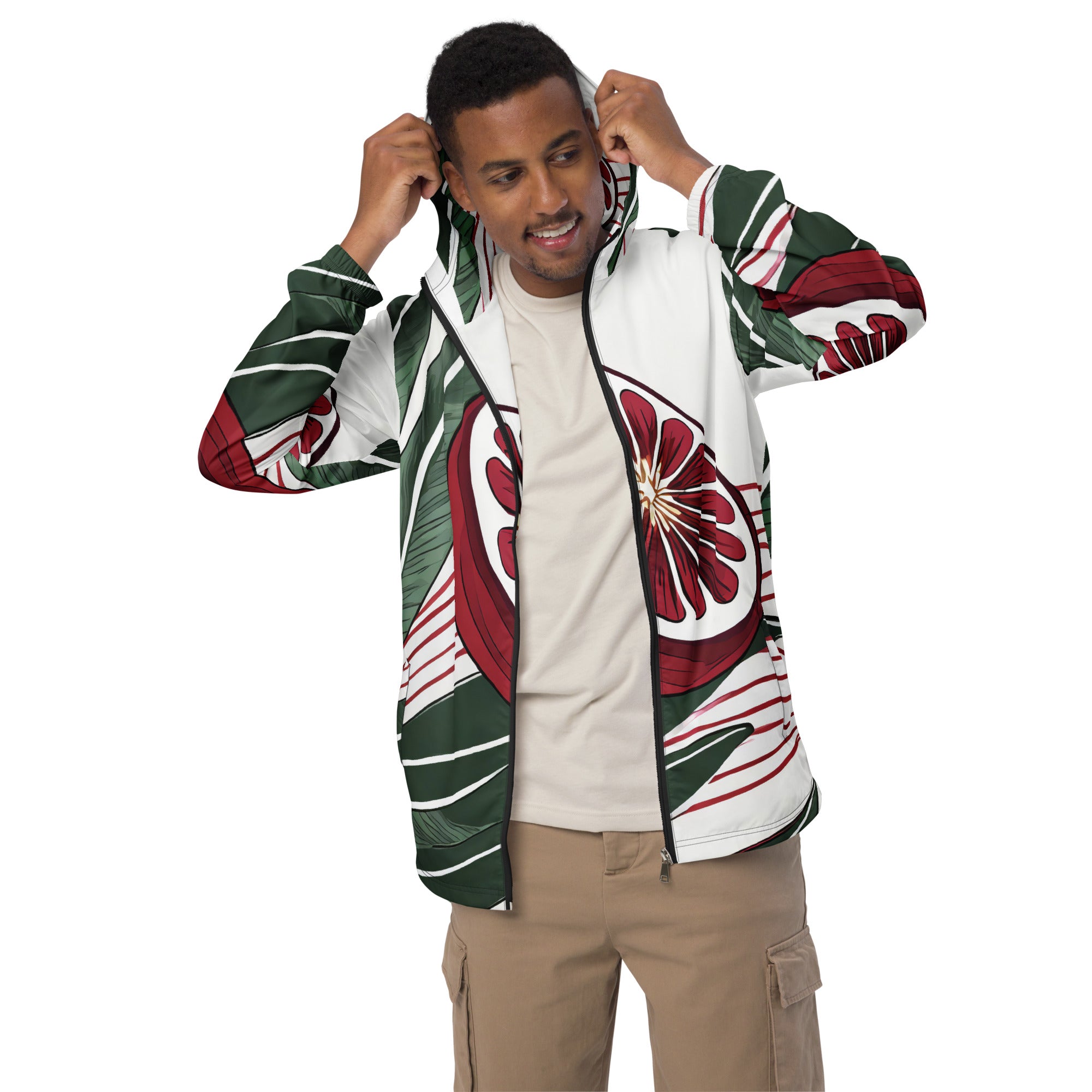 Mens Hooded Windbreaker Jacket featuring colorful floral lines, showcasing its lightweight and water-resistant design.