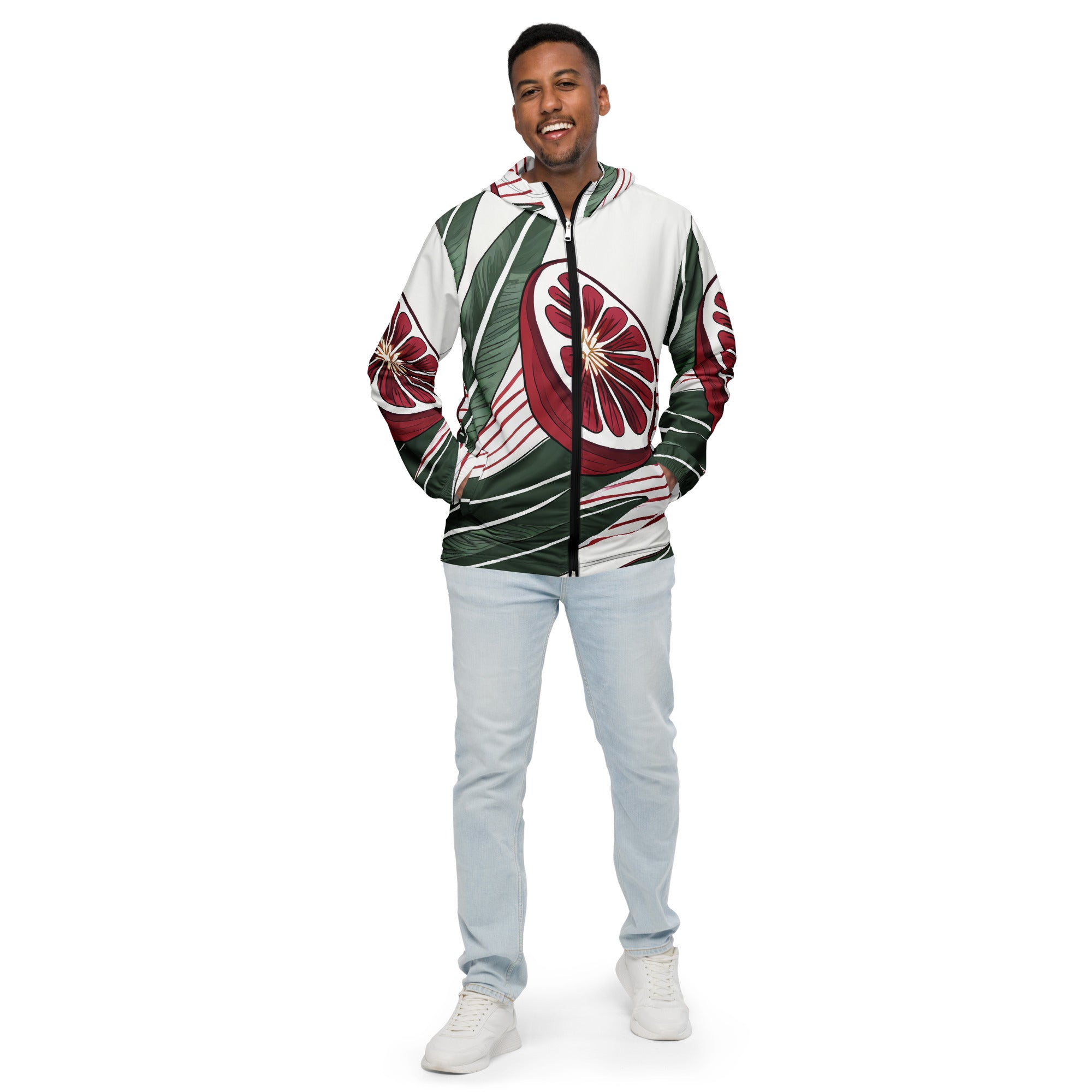 Mens Hooded Windbreaker Jacket featuring colorful floral lines, showcasing its lightweight and water-resistant design.