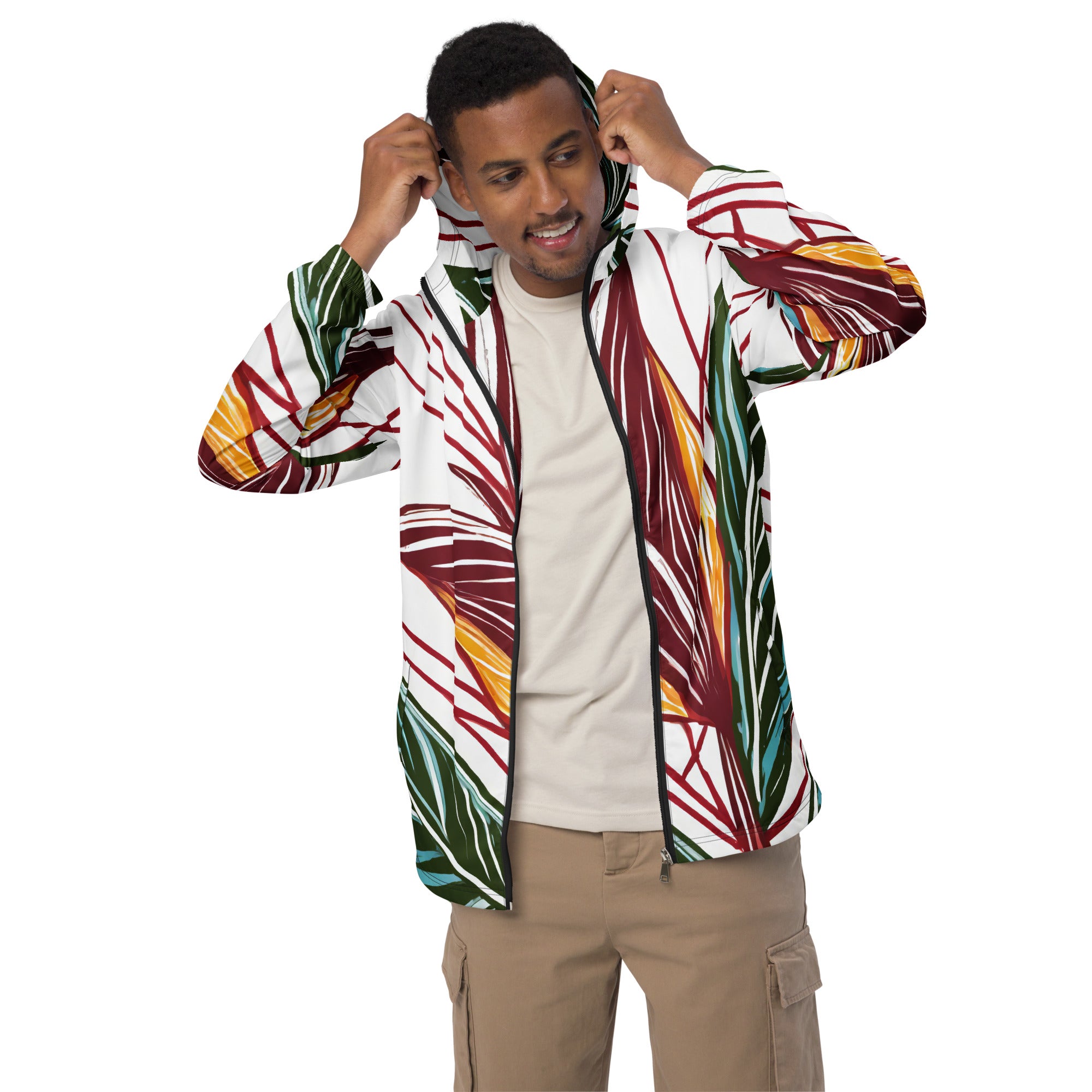 Mens Hooded Windbreaker Jacket featuring colorful floral lines, showcasing its lightweight and stylish design.