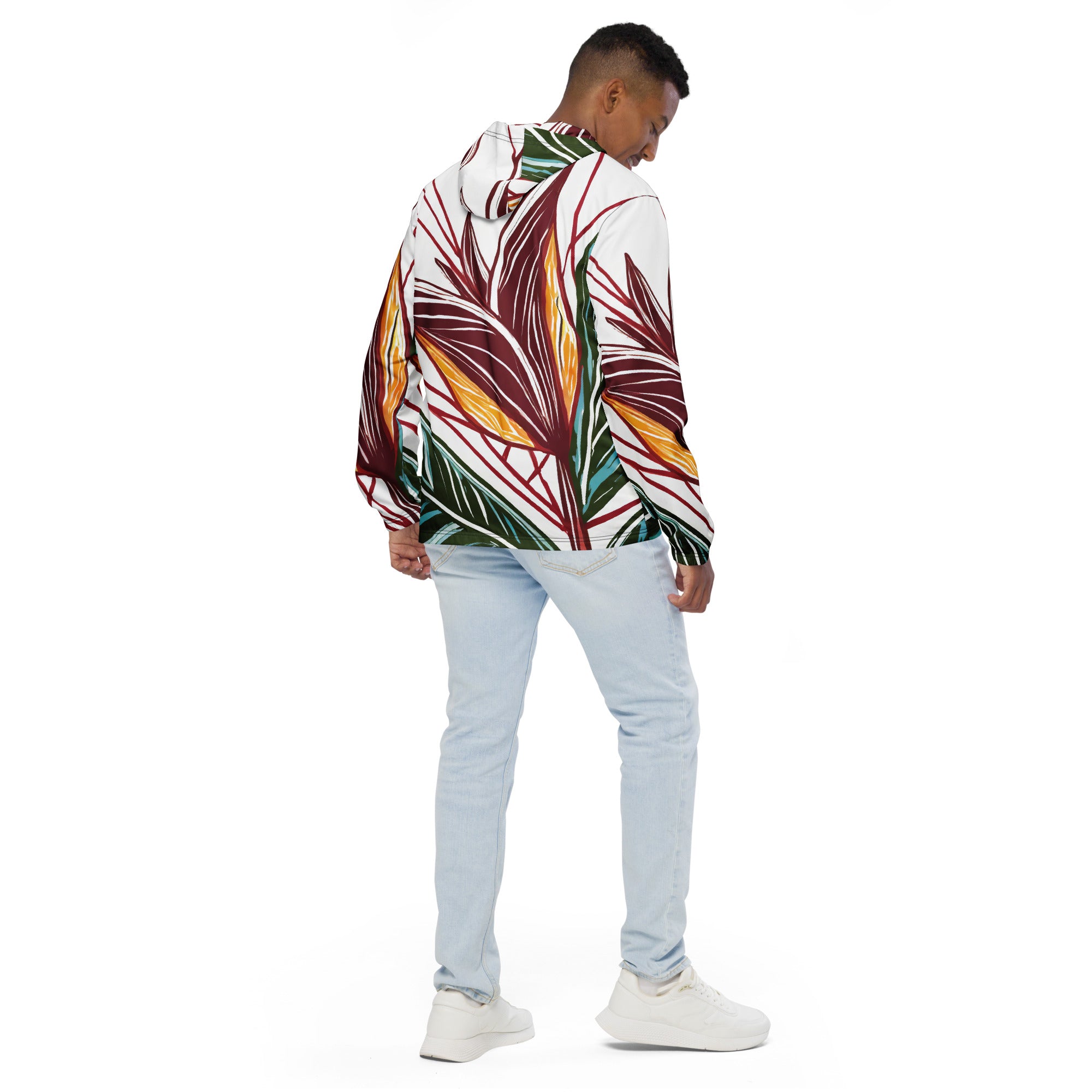 Mens Hooded Windbreaker Jacket featuring colorful floral lines, showcasing its lightweight and stylish design.