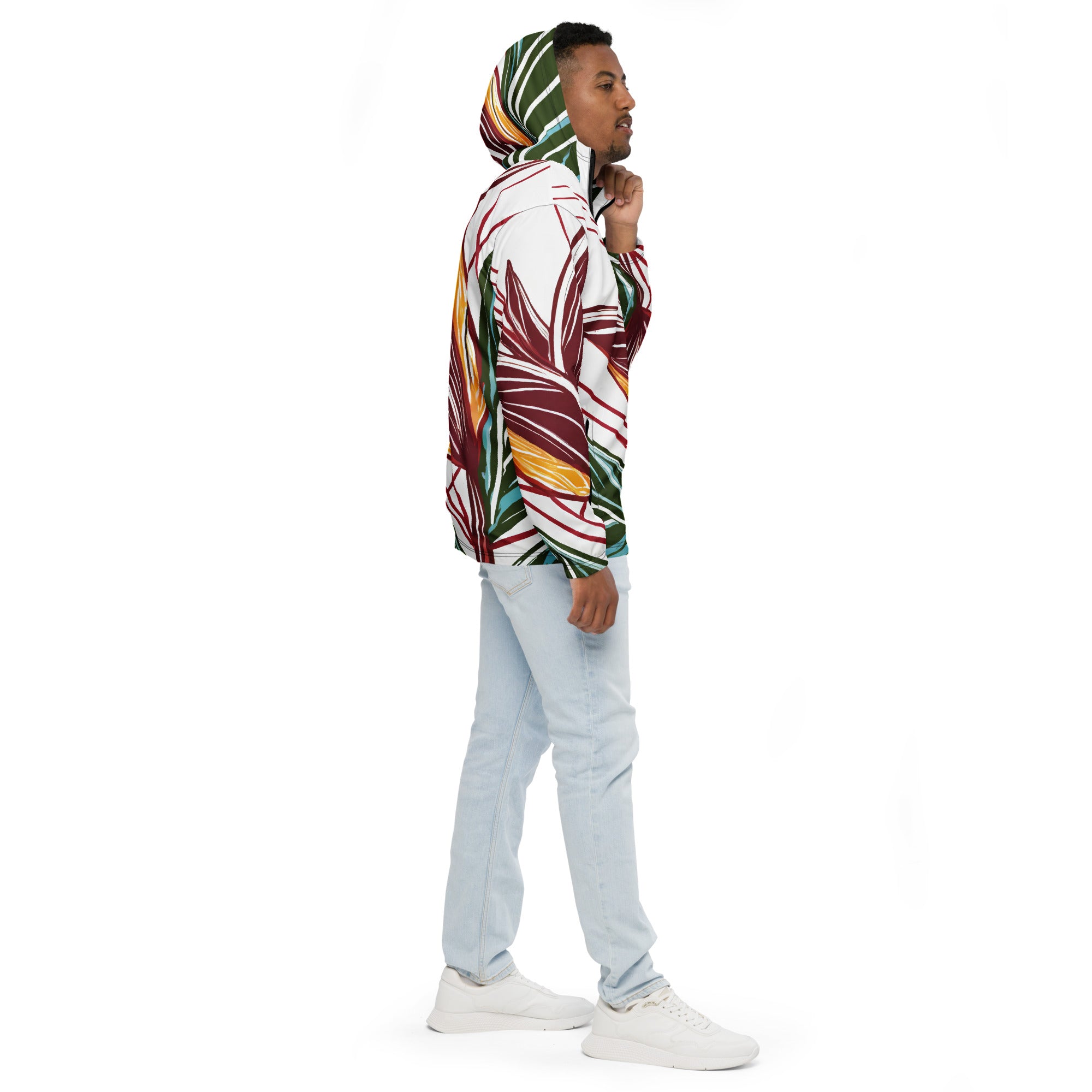 Mens Hooded Windbreaker Jacket featuring colorful floral lines, showcasing its lightweight and stylish design.