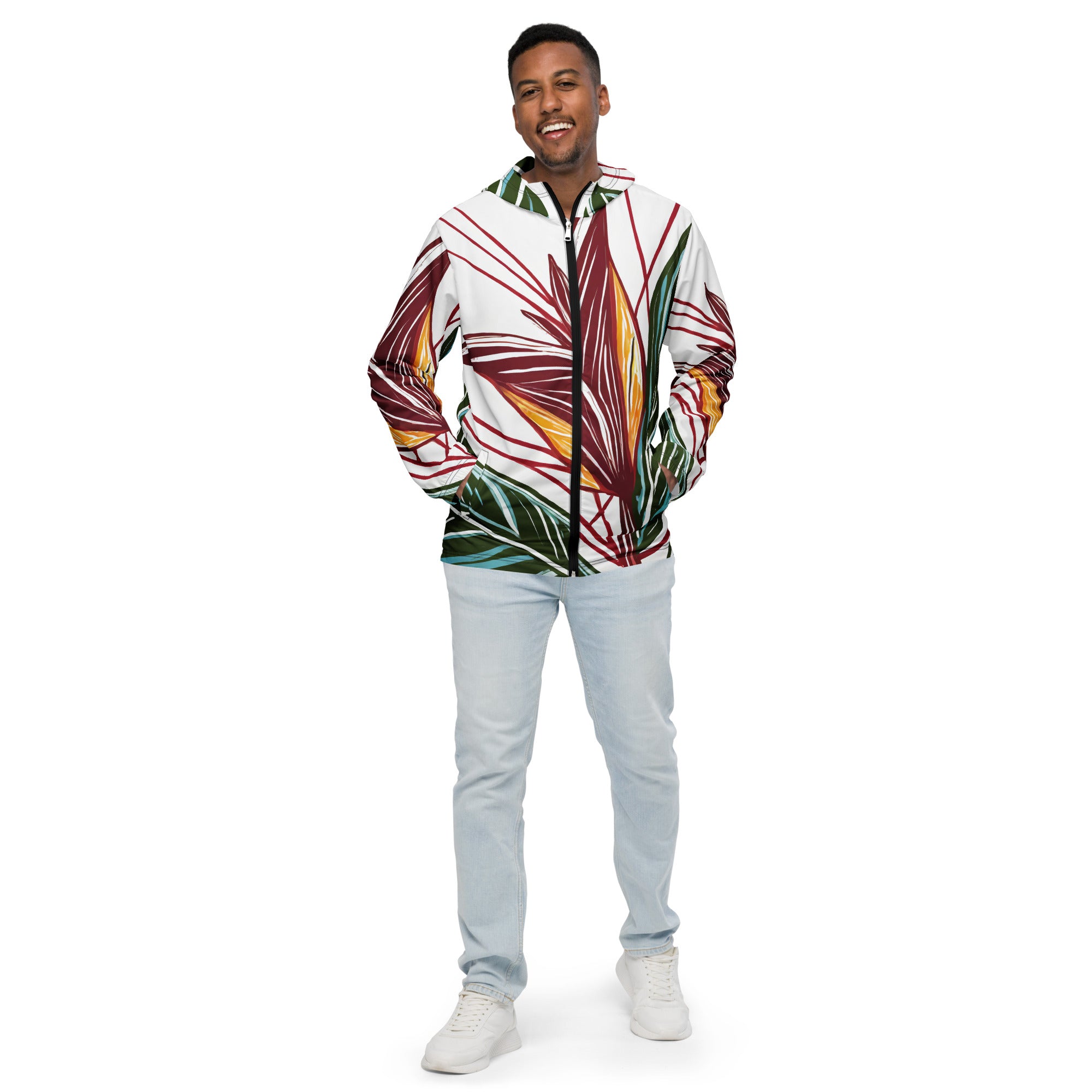 Mens Hooded Windbreaker Jacket featuring colorful floral lines, showcasing its lightweight and stylish design.