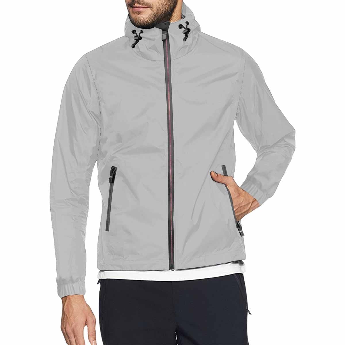 Men's Hooded Windbreaker Jacket in Light Grey with red zip and two zippered pockets, showcasing a stylish all-over print design.