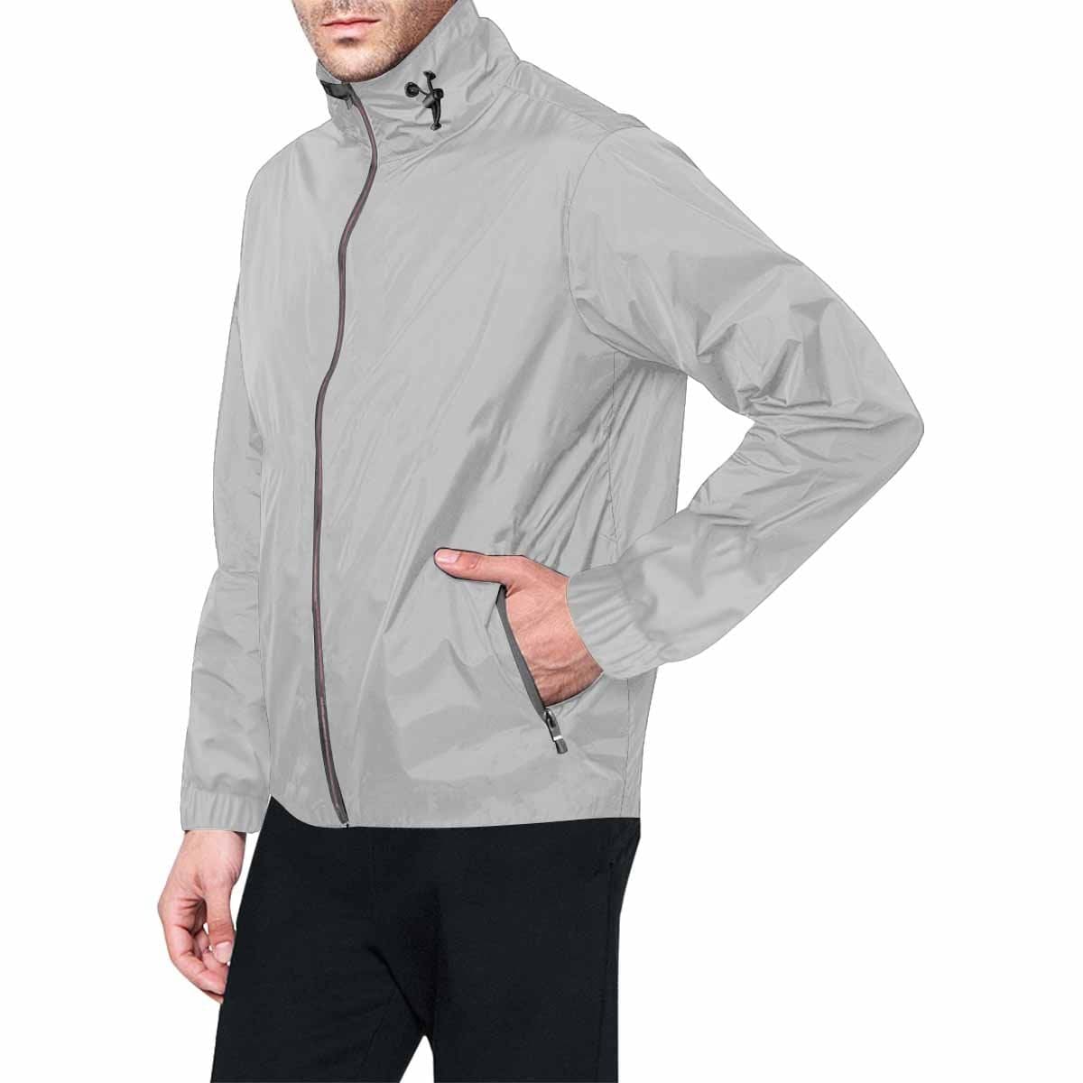 Men's Hooded Windbreaker Jacket in Light Grey with red zip and two zippered pockets, showcasing a stylish all-over print design.