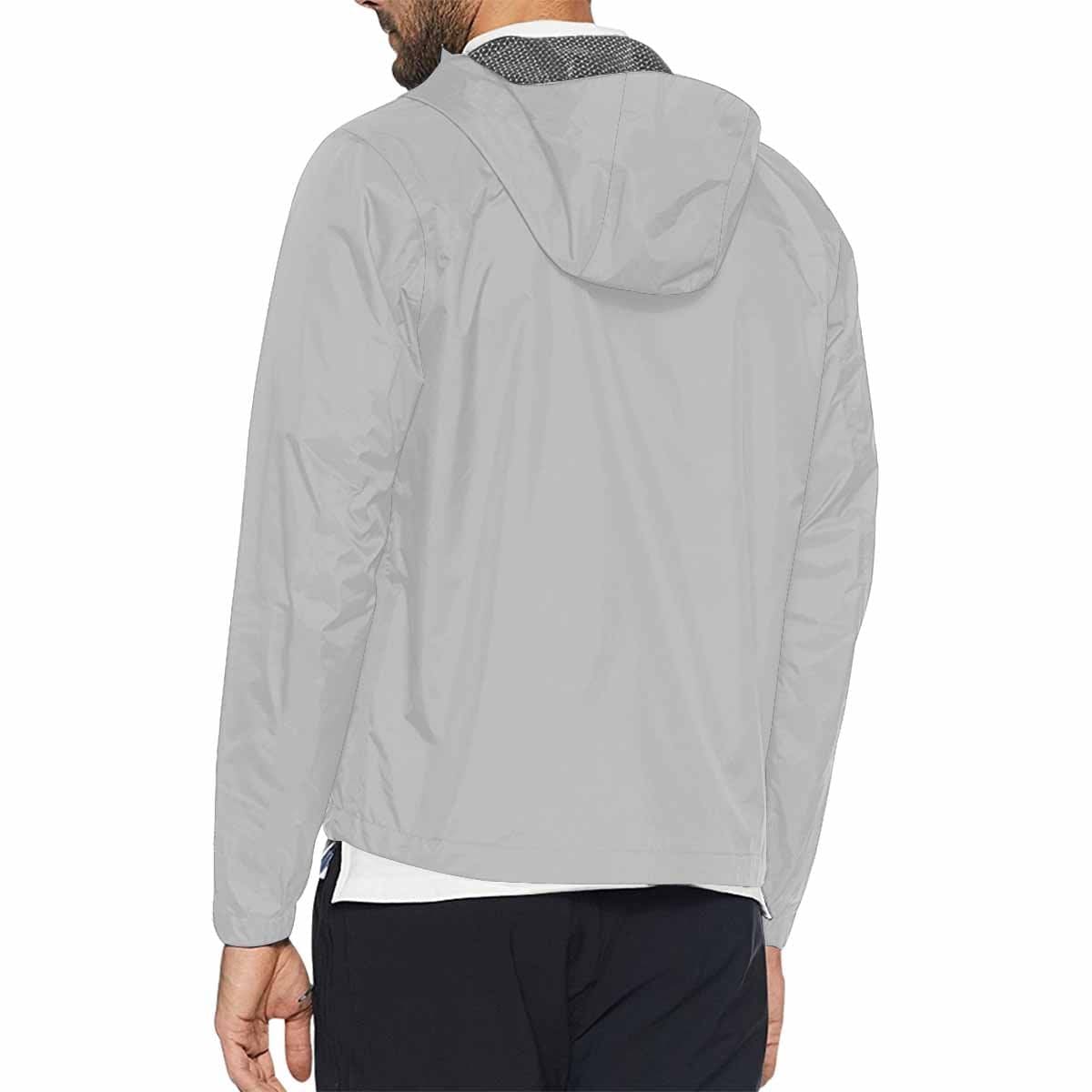 Men's Hooded Windbreaker Jacket in Light Grey with red zip and two zippered pockets, showcasing a stylish all-over print design.