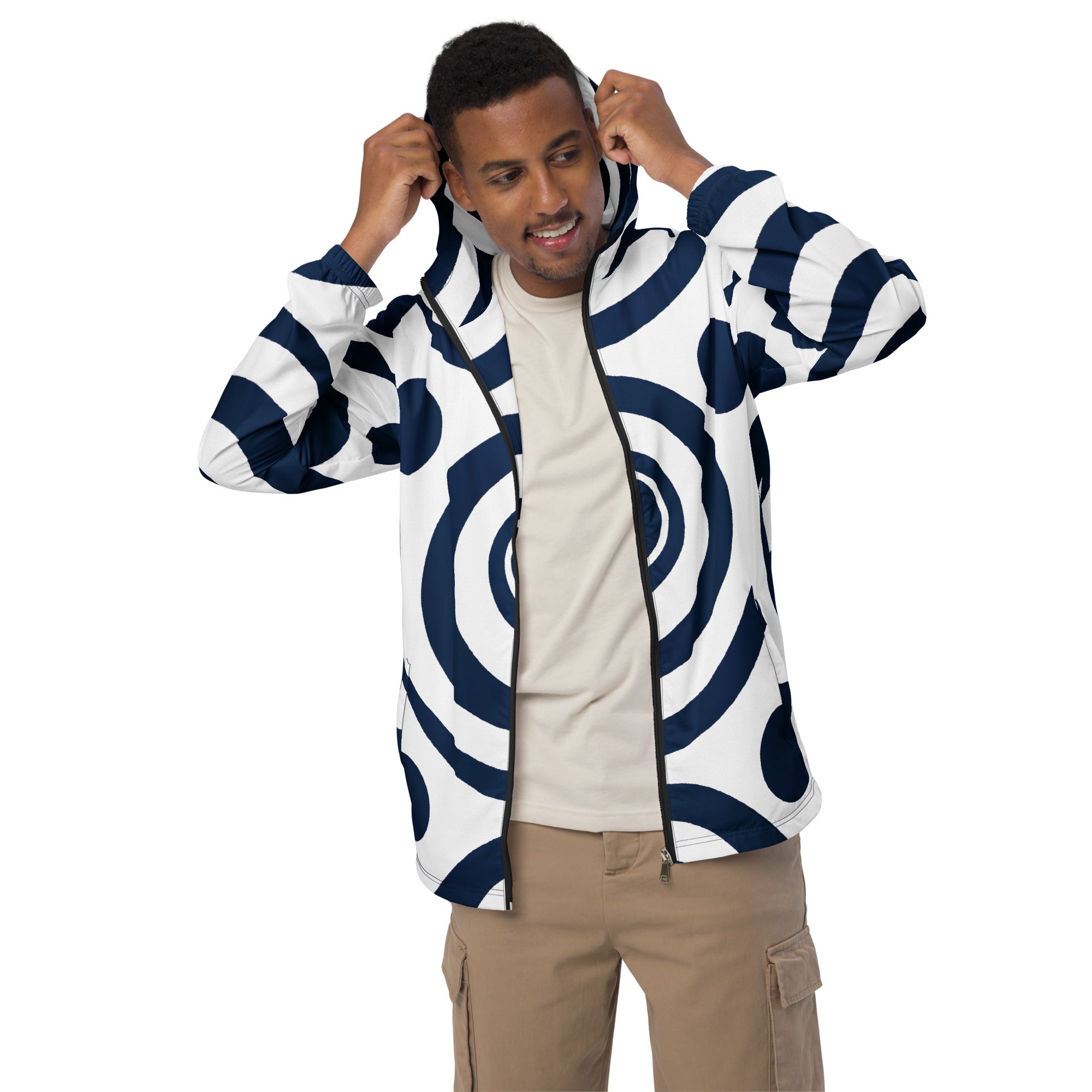 Men's Hooded Windbreaker Jacket in navy blue and white circular pattern, showcasing its lightweight design and functional features.