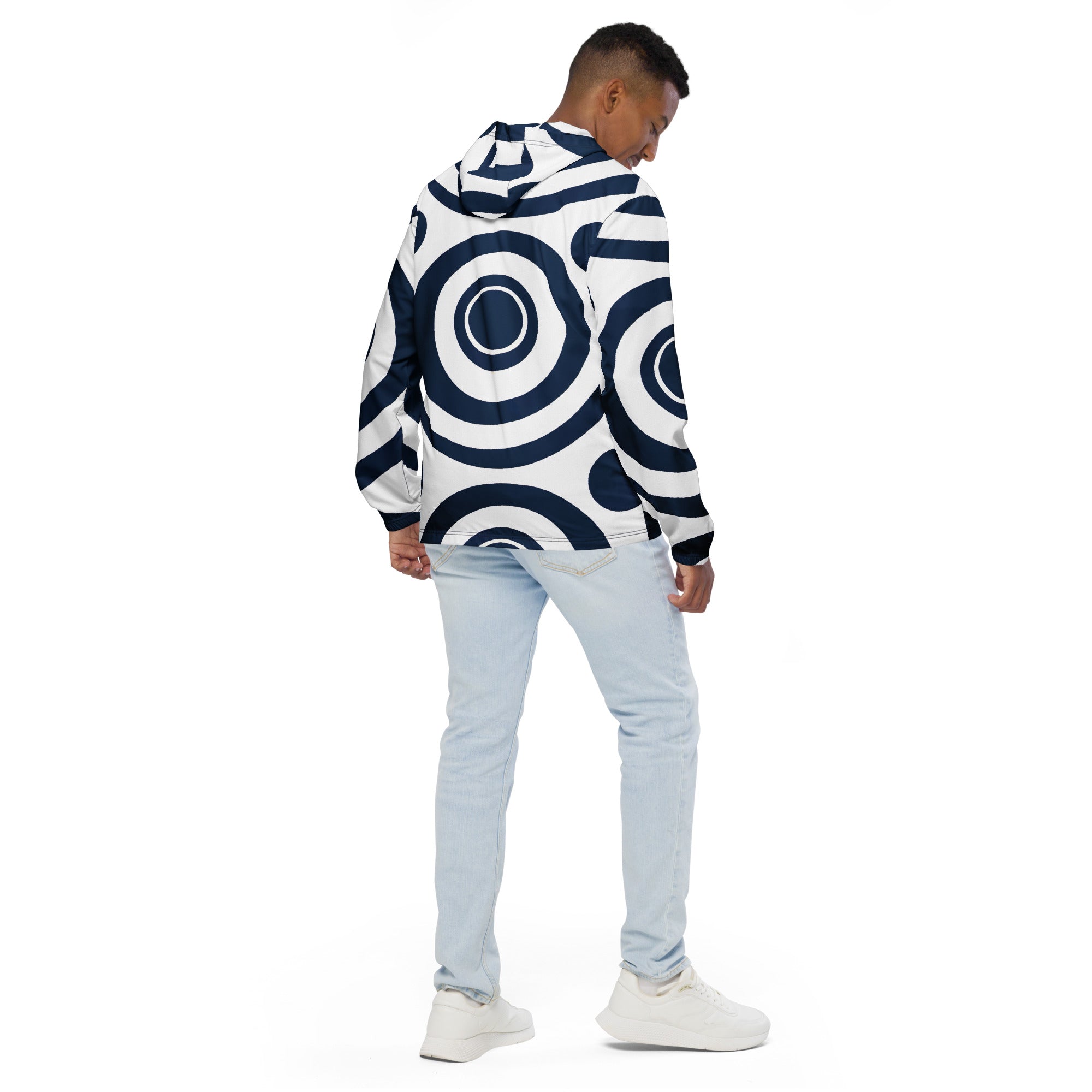 Men's Hooded Windbreaker Jacket in navy blue and white circular pattern, showcasing its lightweight design and functional features.