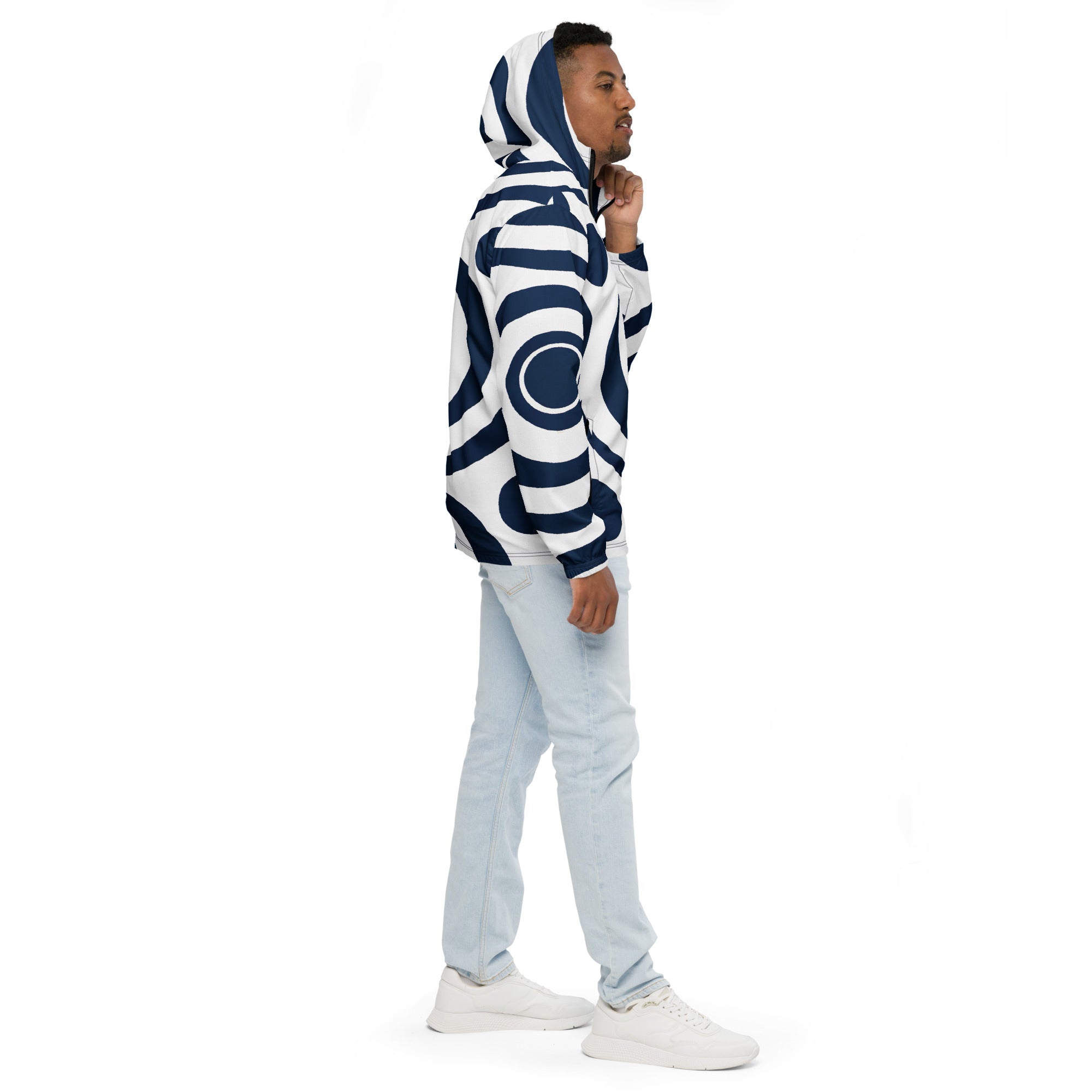 Men's Hooded Windbreaker Jacket in navy blue and white circular pattern, showcasing its lightweight design and functional features.