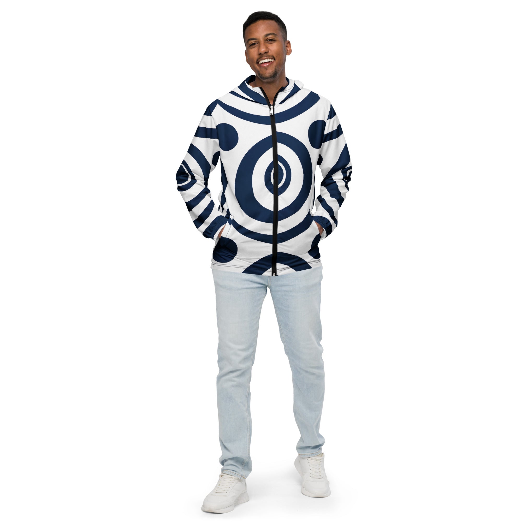 Men's Hooded Windbreaker Jacket in navy blue and white circular pattern, showcasing its lightweight design and functional features.