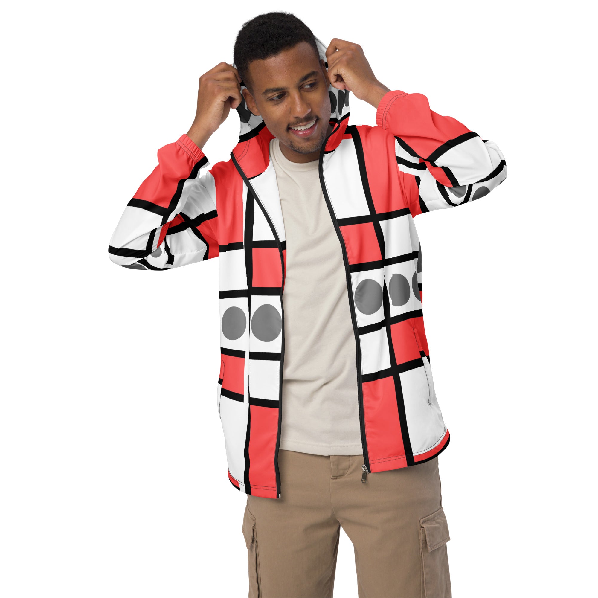 Men's Hooded Windbreaker Jacket in Pale Red Print, showcasing its lightweight design and breathable mesh lining.