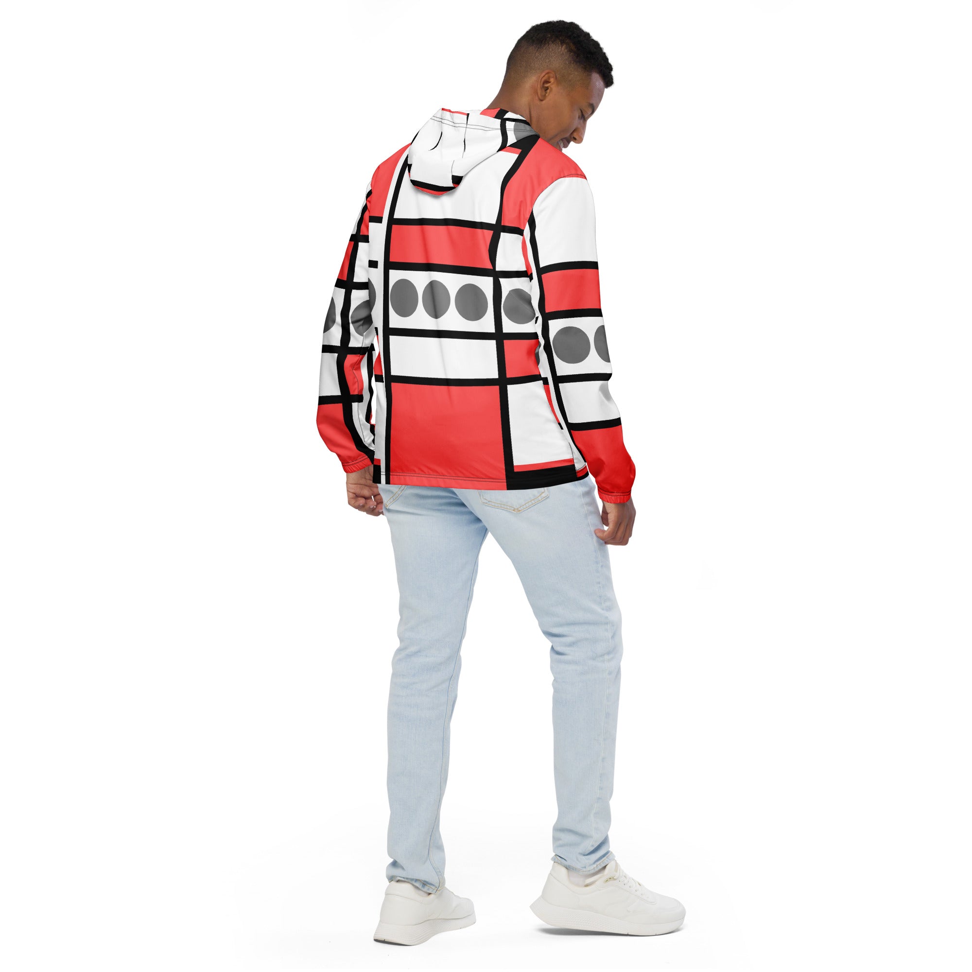 Men's Hooded Windbreaker Jacket in Pale Red Print, showcasing its lightweight design and breathable mesh lining.