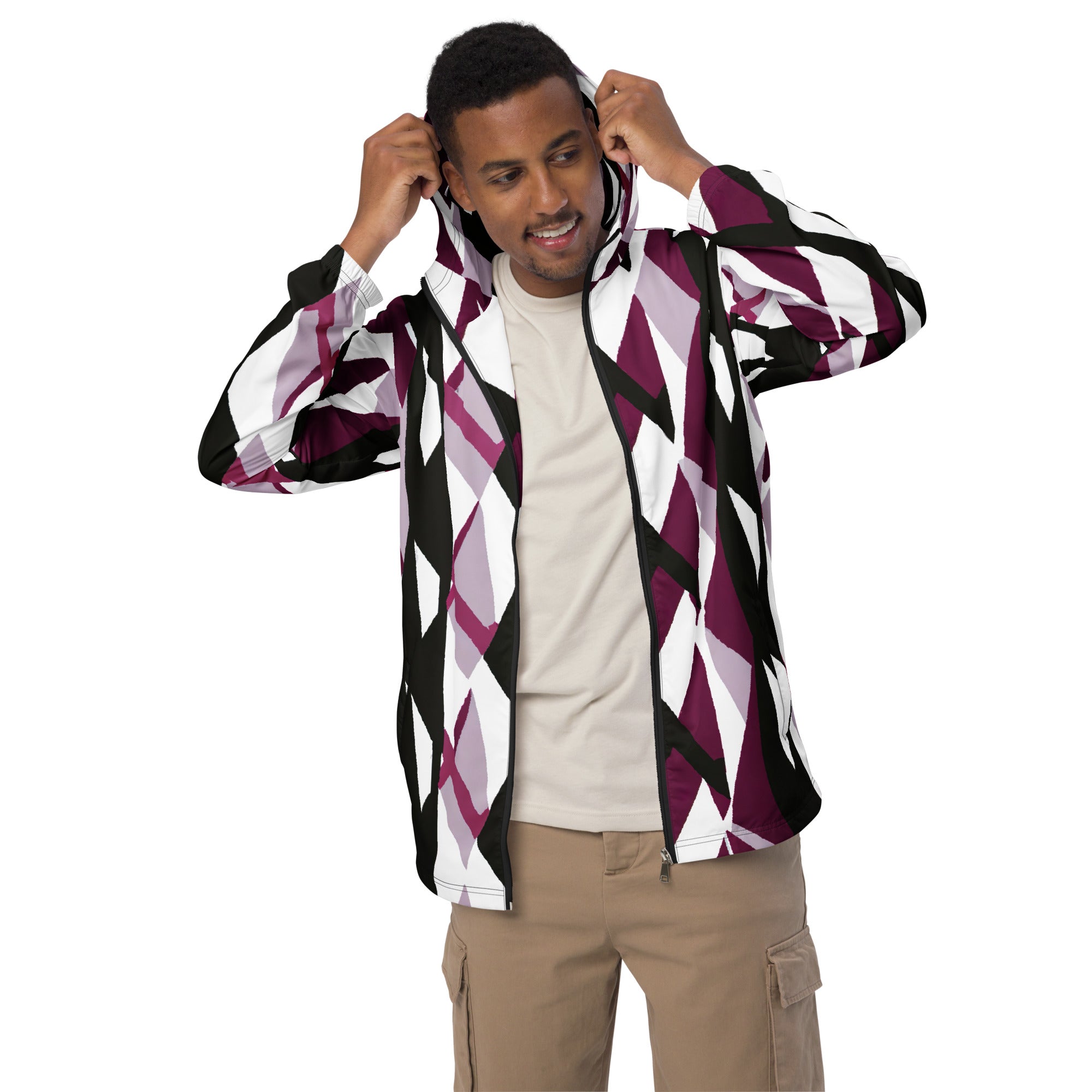 Men's Hooded Windbreaker Jacket in Pink Mauve Pattern, showcasing its lightweight design and functional features like a hood and pockets.