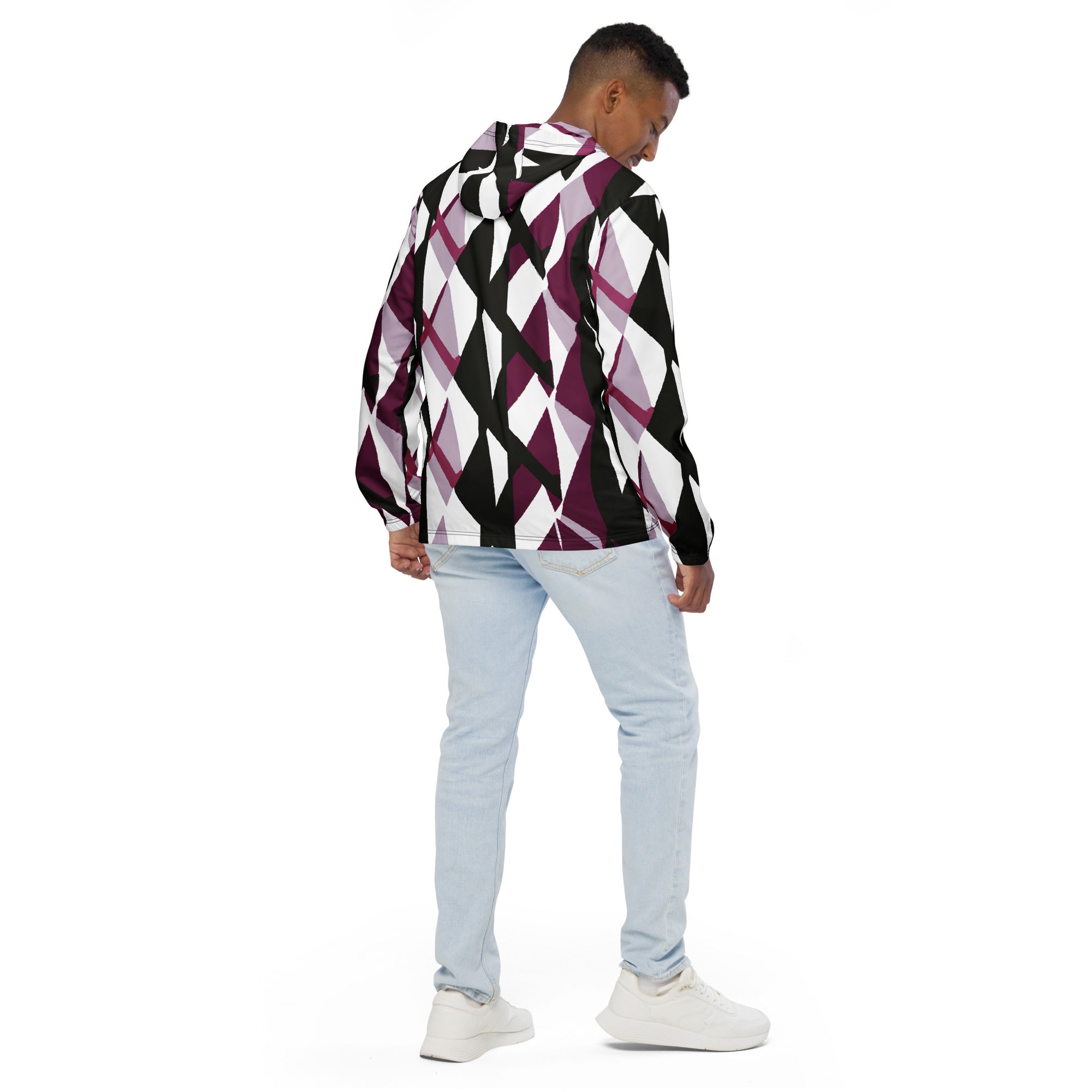 Men's Hooded Windbreaker Jacket in Pink Mauve Pattern, showcasing its lightweight design and functional features like a hood and pockets.