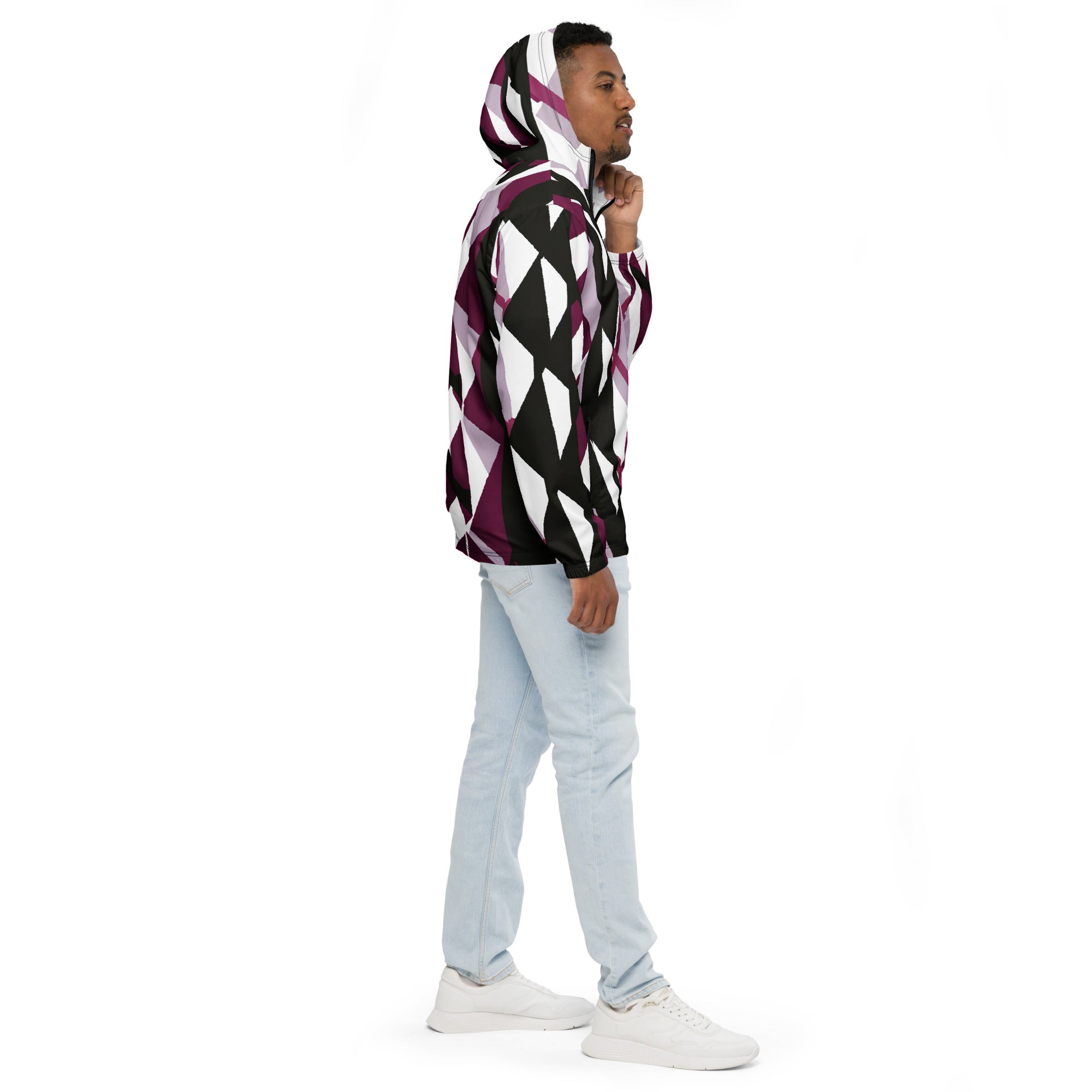 Men's Hooded Windbreaker Jacket in Pink Mauve Pattern, showcasing its lightweight design and functional features like a hood and pockets.