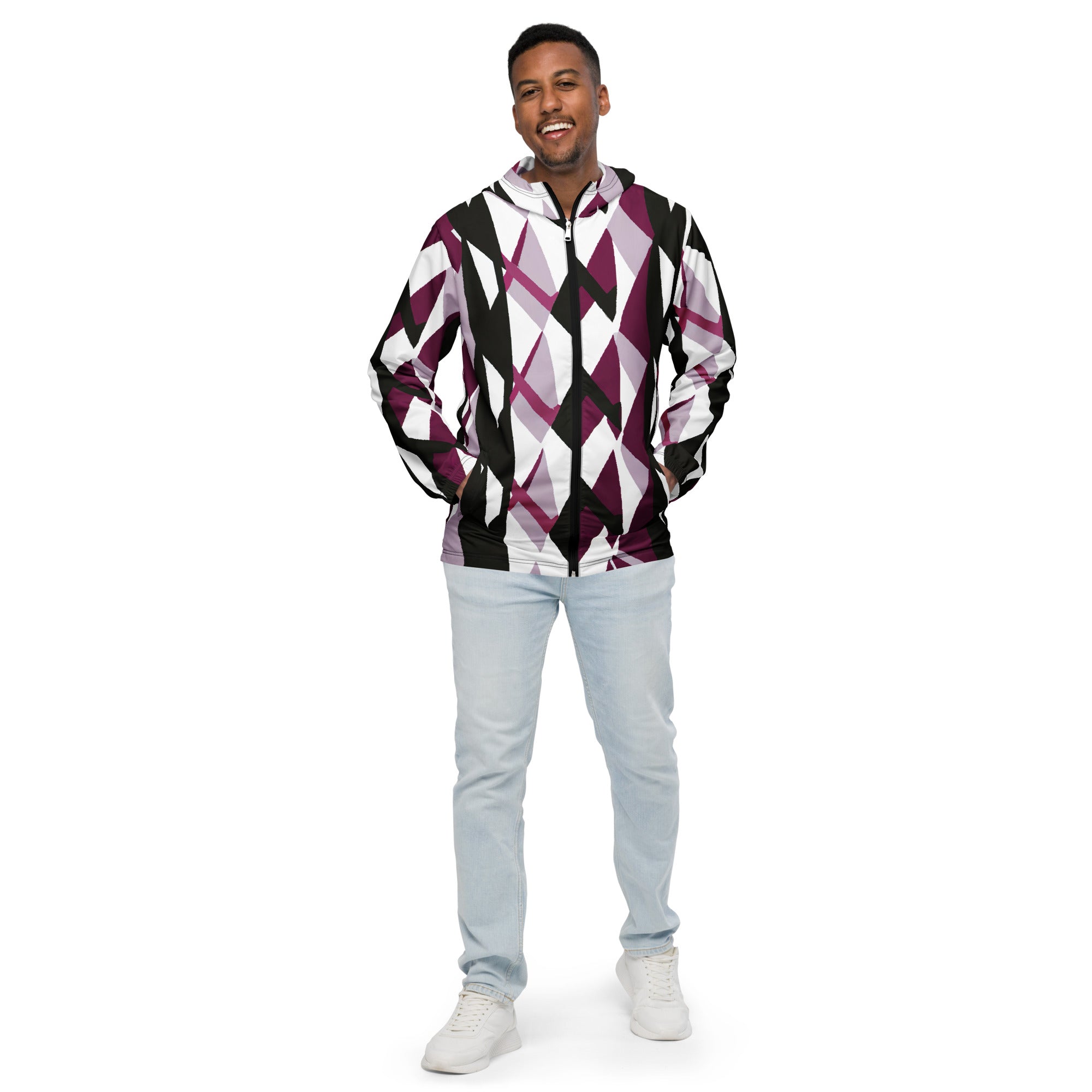 Men's Hooded Windbreaker Jacket in Pink Mauve Pattern, showcasing its lightweight design and functional features like a hood and pockets.