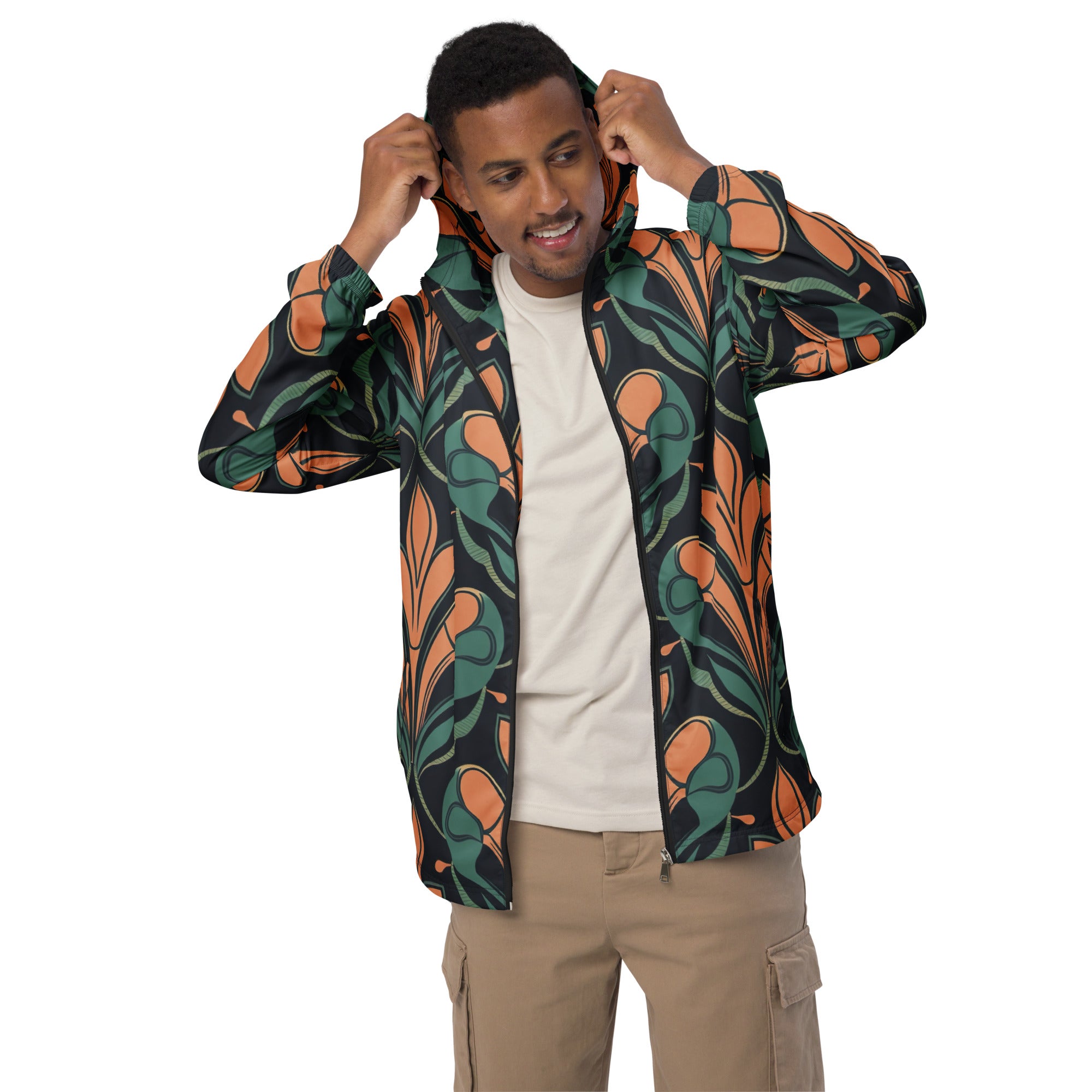 Mens Hooded Windbreaker Jacket featuring a Retro Vintage Print, showcasing its lightweight design and stylish look.